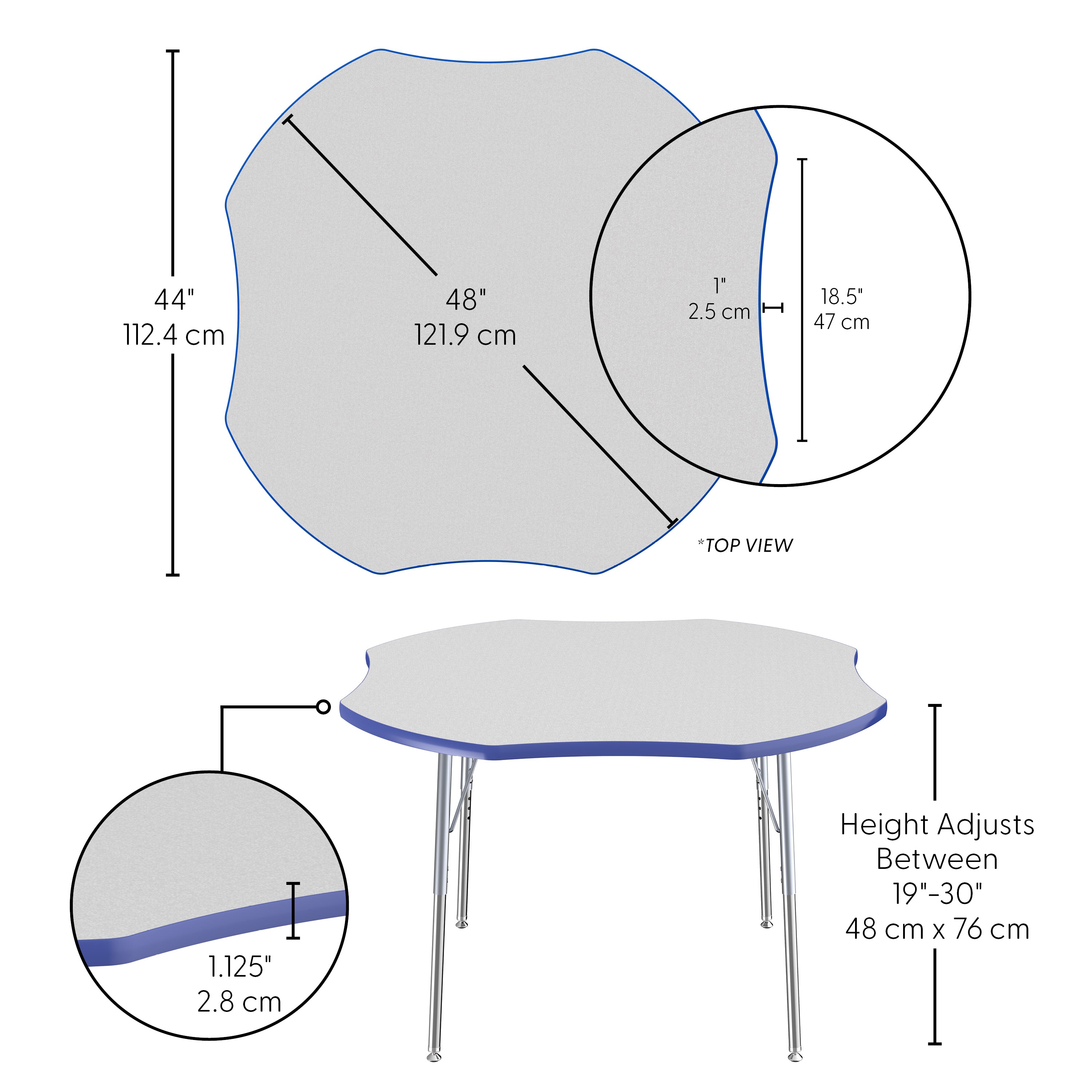 48" x 48" Clover T-Molding Activity Table with Adjustable Standard Swivel Glide Legs - Gray/Blue/Silver