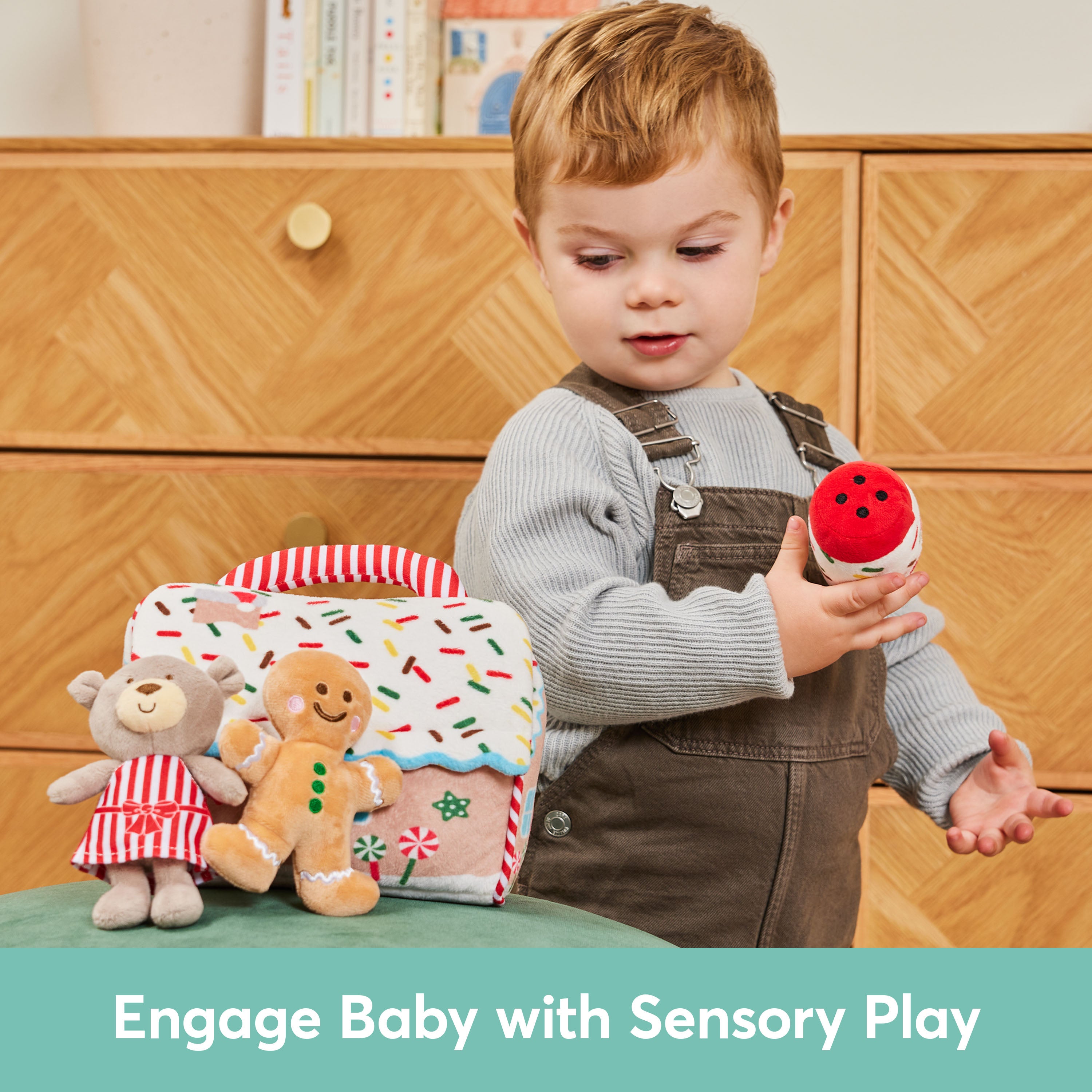 Baby GUND Play Soft Collection, My First Gingerbread House 5-Piece Playset with Rattle, Squeaker and Crinkle Plush Toys, Sensory Toy for Babies, 7.5”