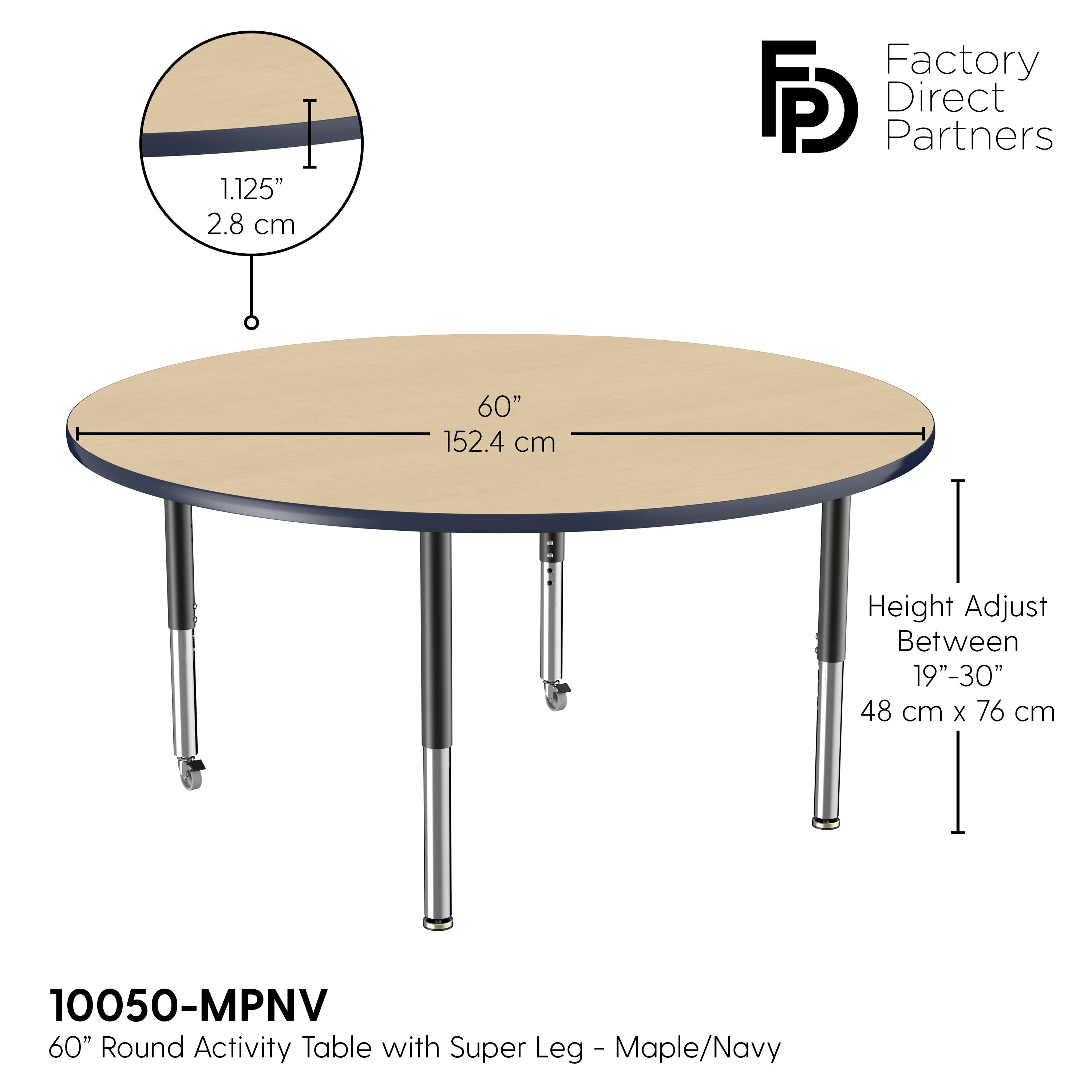 60" Round T-Molding Activity Table with Adjustable Super Legs - Maple/Navy/Black