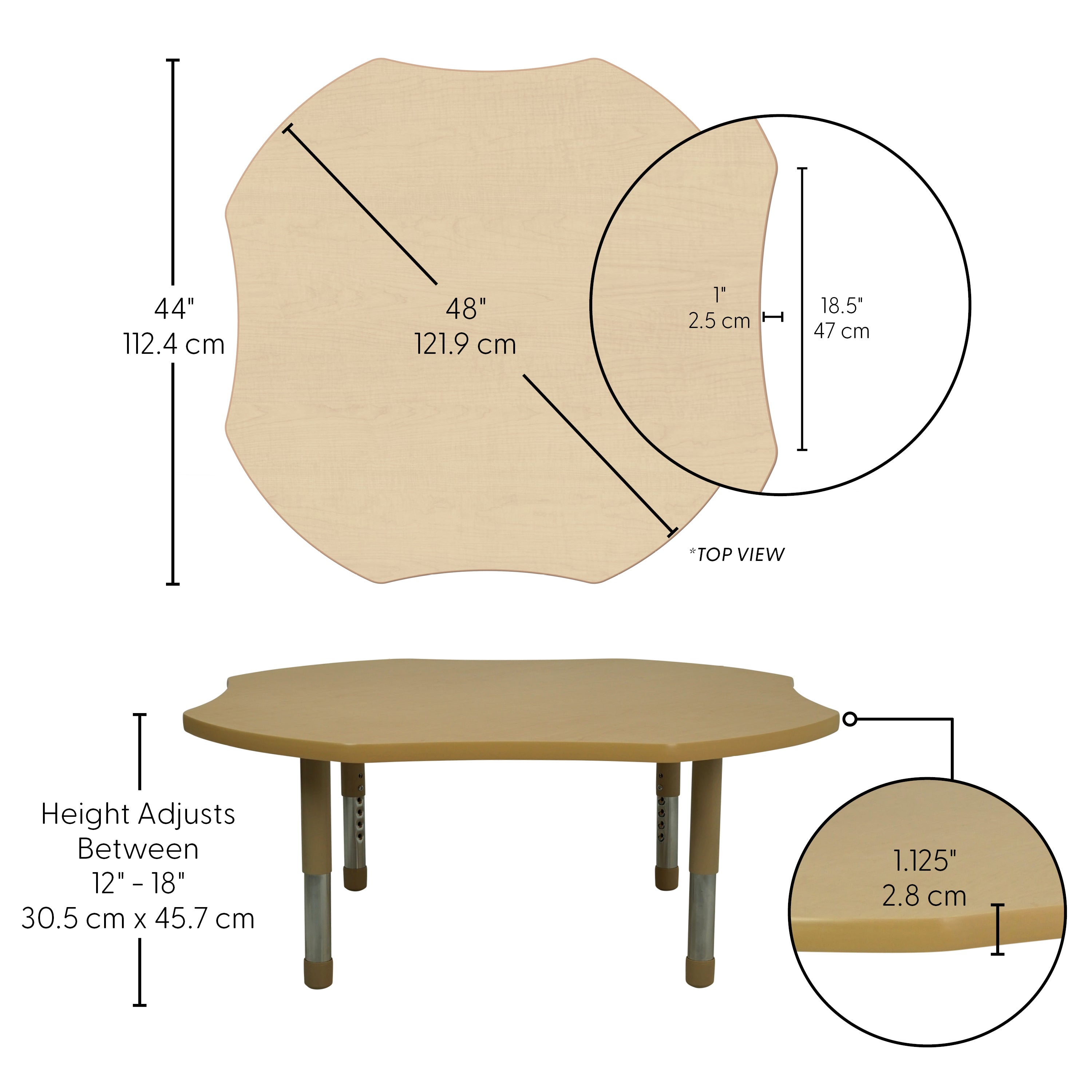 48" x 48" Clover T-Molding Activity Table with Adjustable Tiny Tot Legs - Maple/Sand