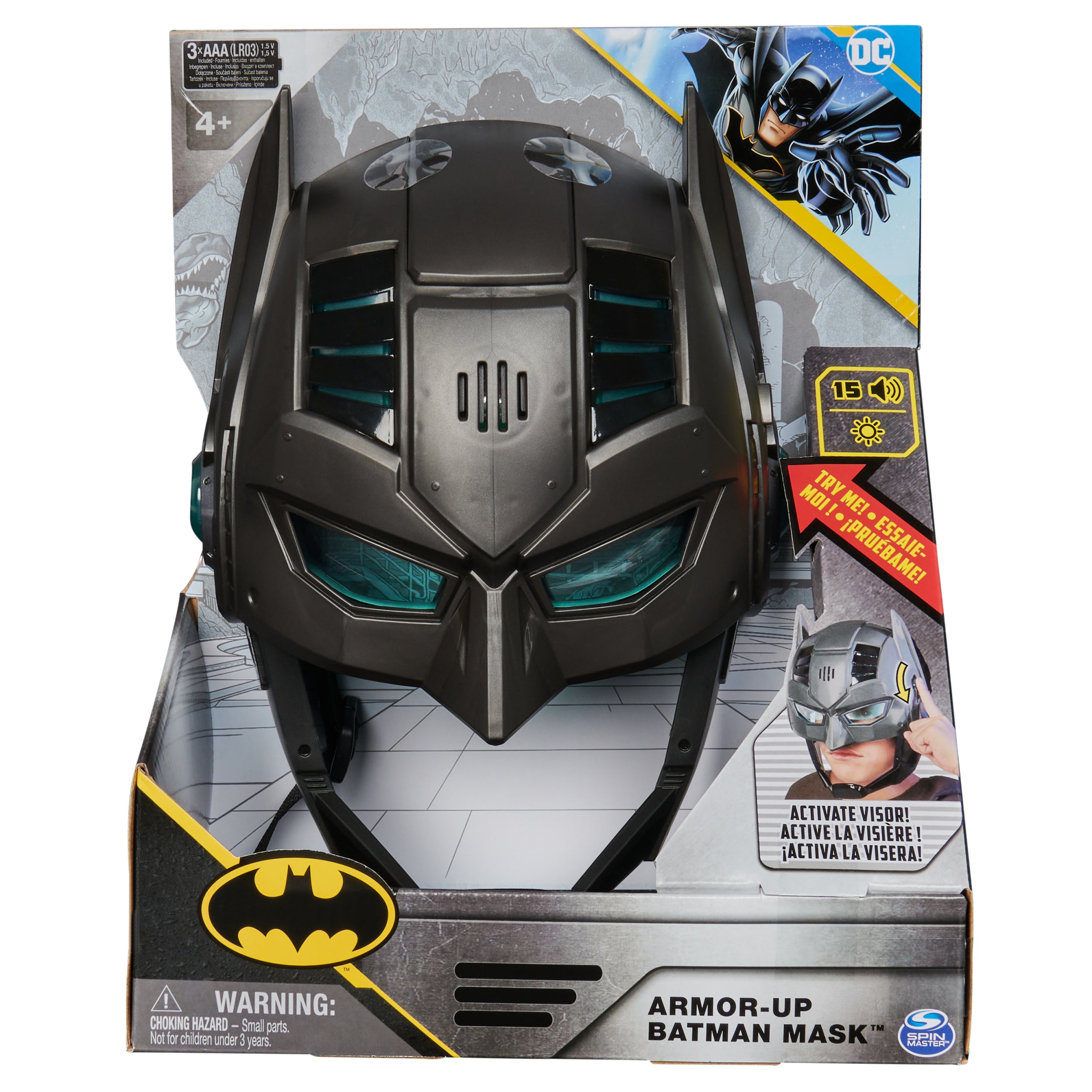 DC Comics, Armor-Up Batman Mask with Visor, 15+ Sounds & Phrases, Lights, Halloween Costume for Kids Roleplay for Boys and Girls Ages 4 and Up