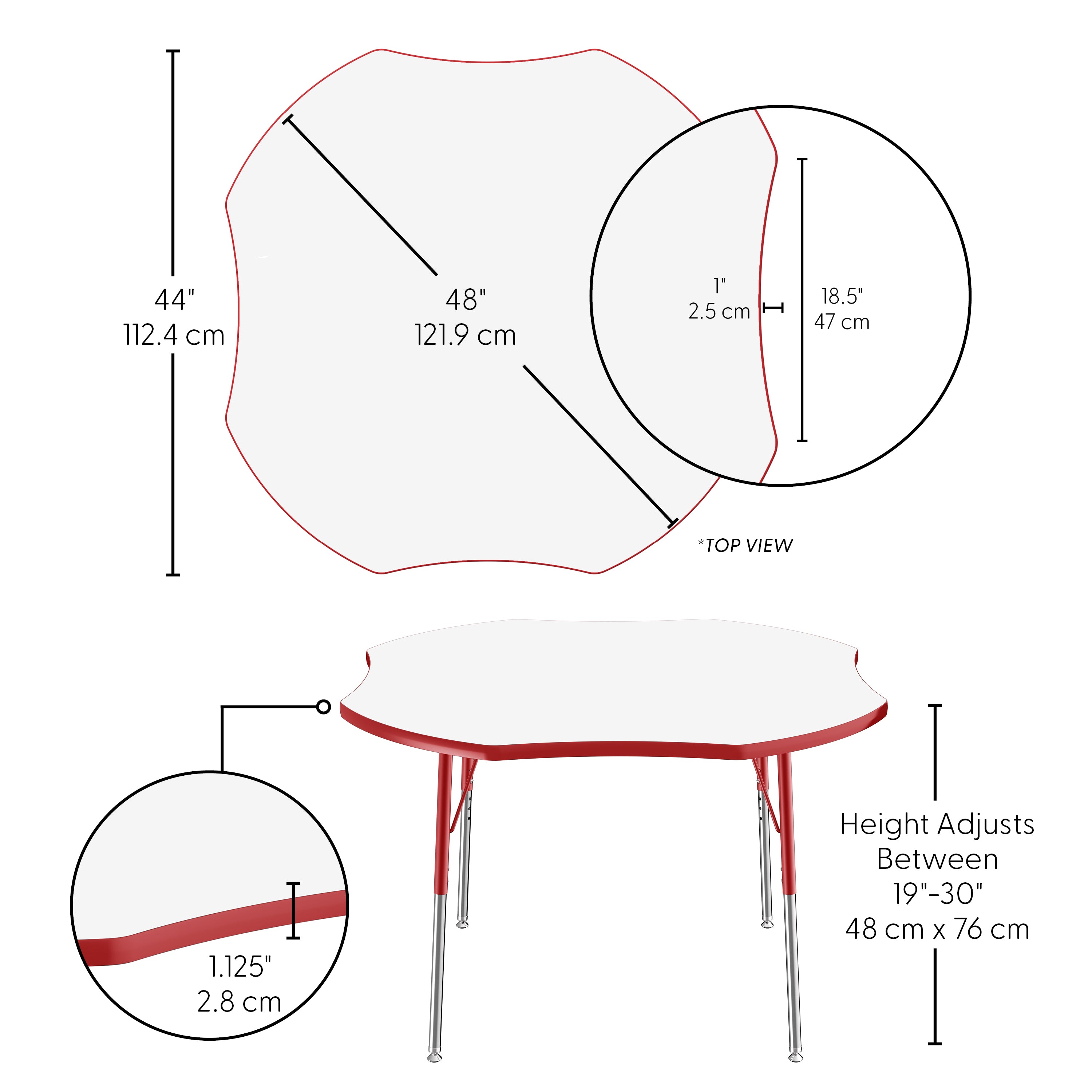 48" x 48" Clover Dry-Erase Activity Table with Adjustable Standard Swivel Glide Legs - Whiteboard/Red