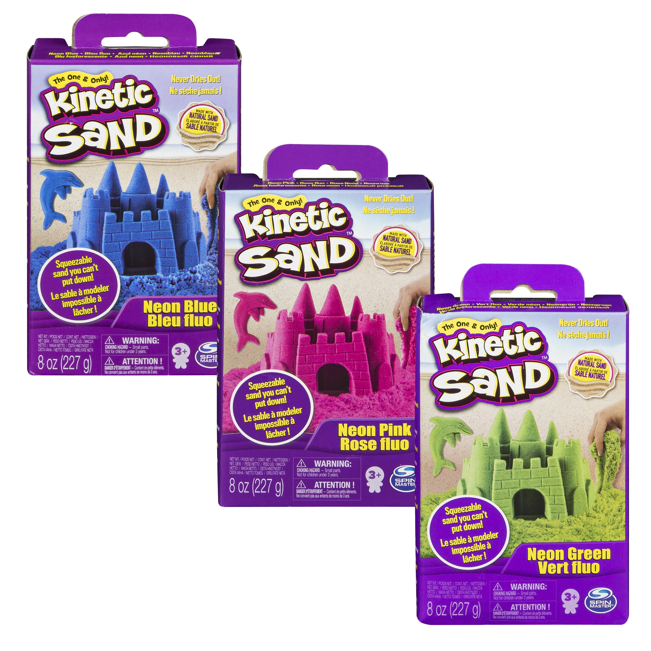 Kinetic Sand, 3 x 8oz Boxes of Moldable Sensory Play Sand Neon Blue, Pink and Green