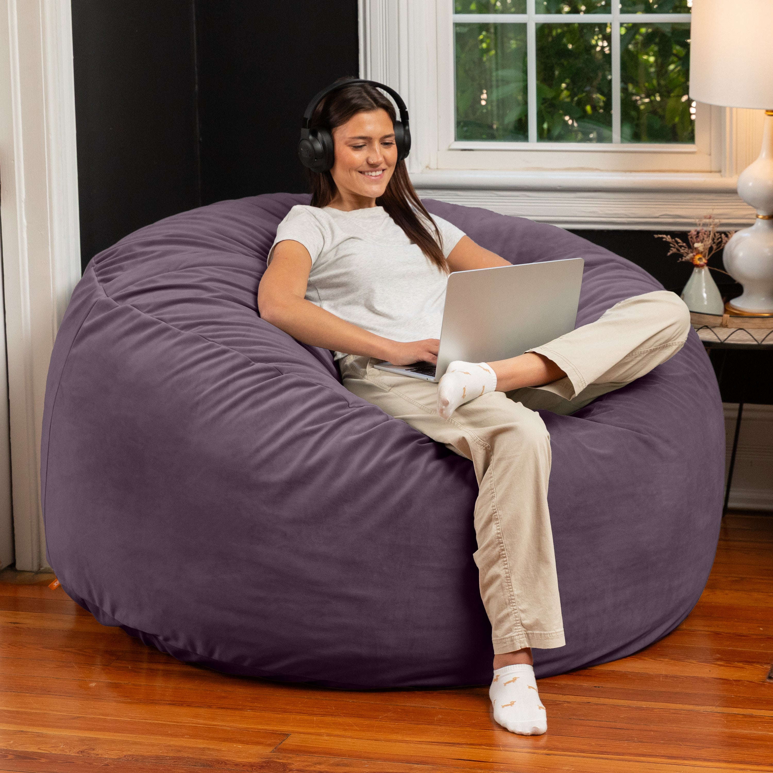 Jaxx 5 Foot Saxx - Large Round Bean Bag Chair for Adults - Lush Velvet Purple
