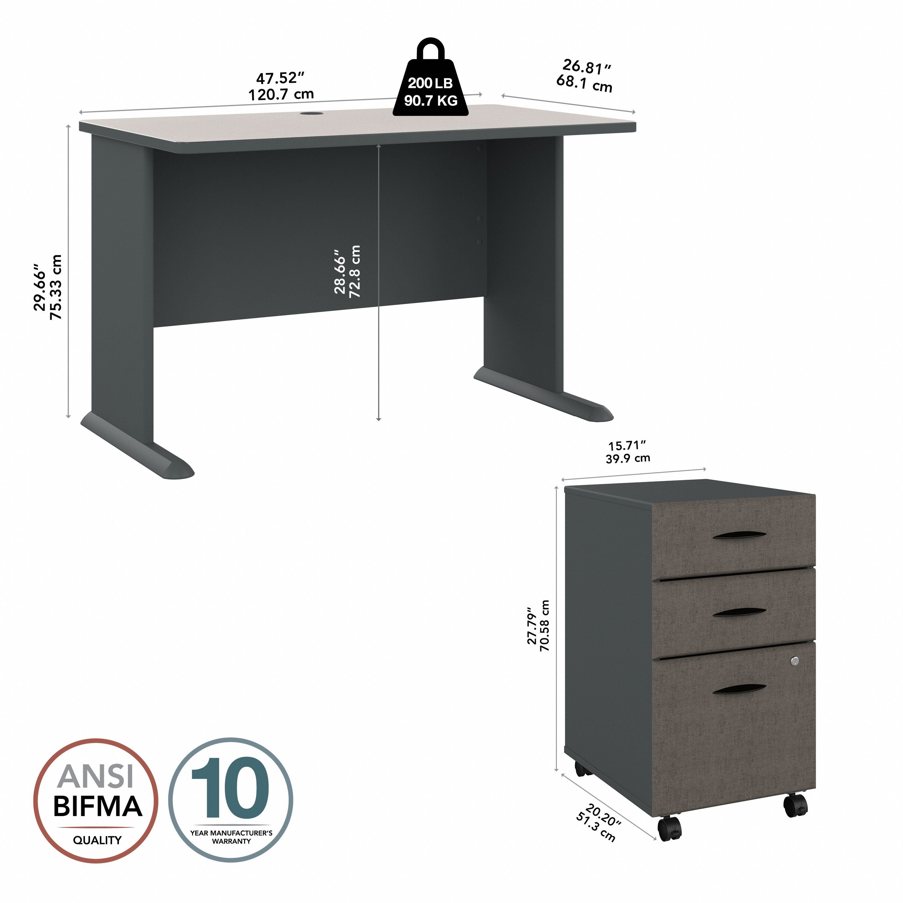 Bush Business Furniture Series A 48W Desk with Mobile File Cabinet in Slate and White Spectrum - 47.52" Width x 26.81" Depth x 29.66" Height