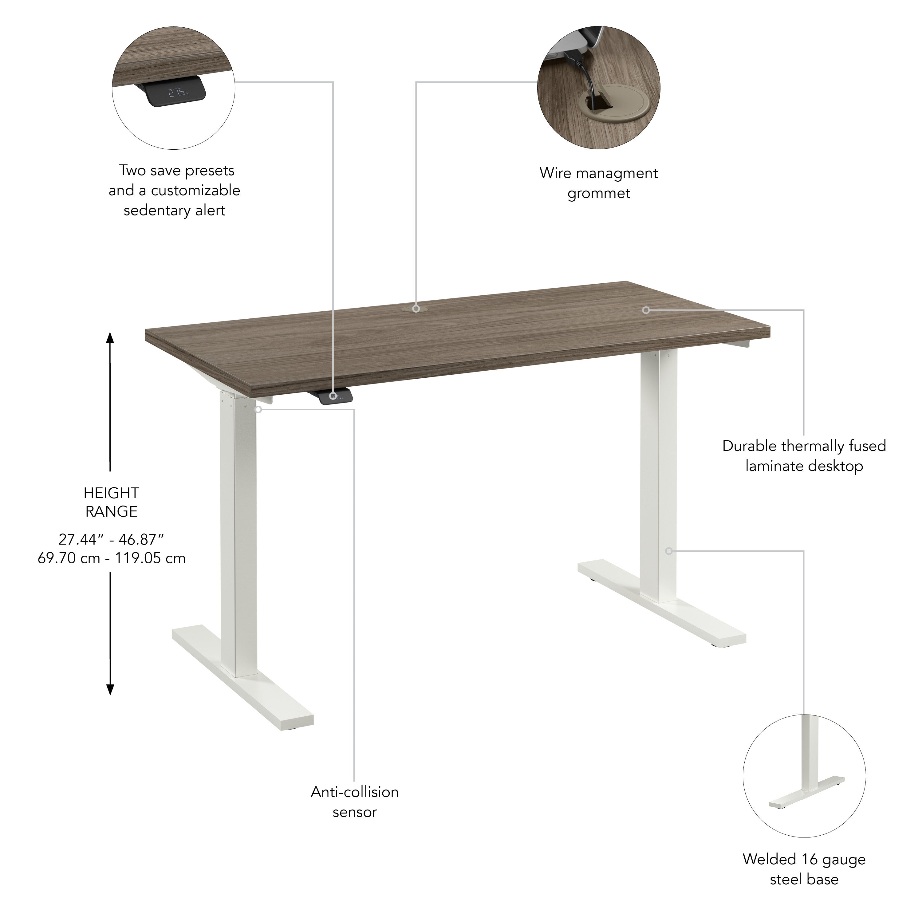 Bush Business Furniture Move 60 Series 48W x 24D Electric Height Adjustable Standing Desk in Modern Hickory with White Base - 47.6" Width x 23.62" Depth x 27.44" Height