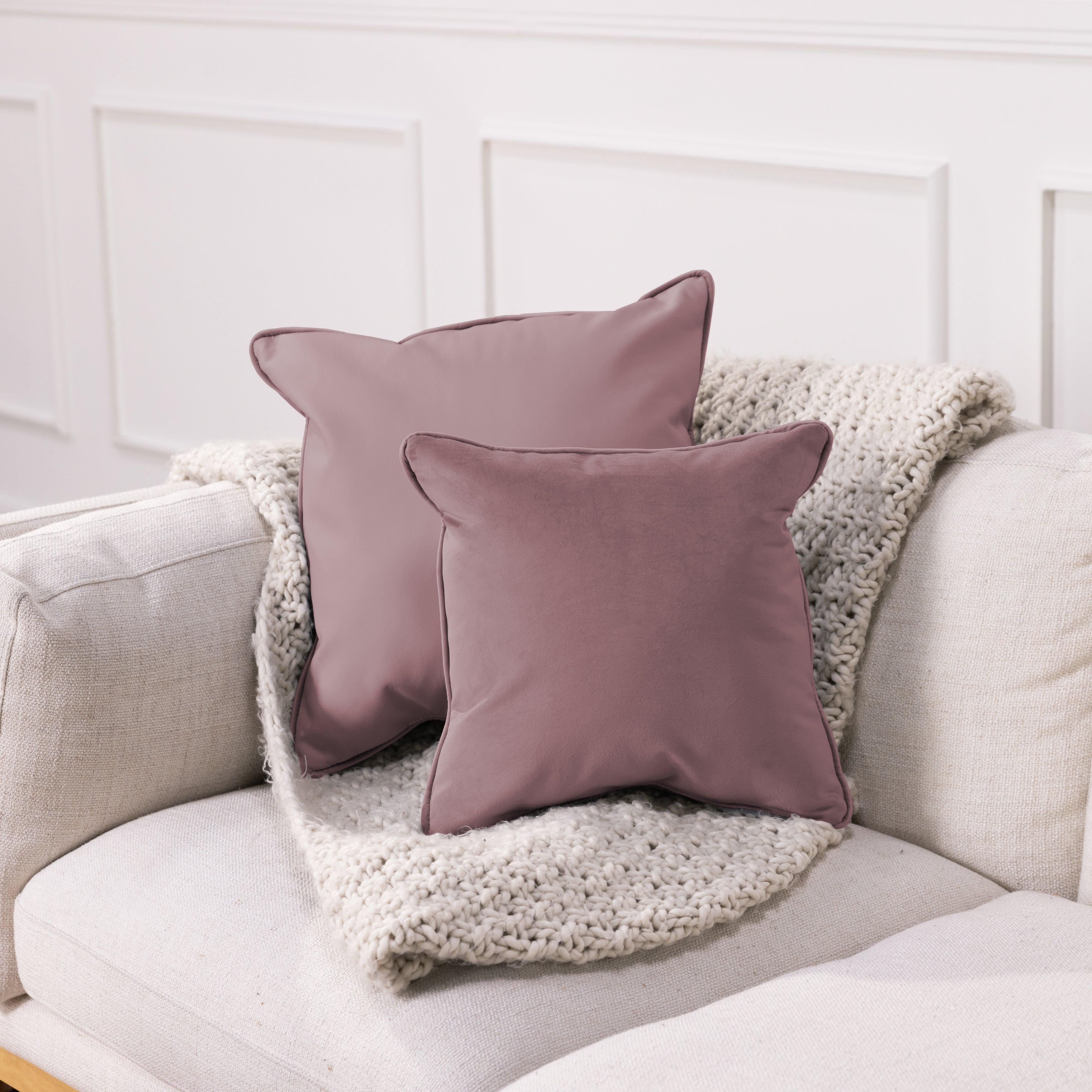 18" x 18" Square Microfiber and Faux Leather Pillow with Piping, 2-Piece - Mauve