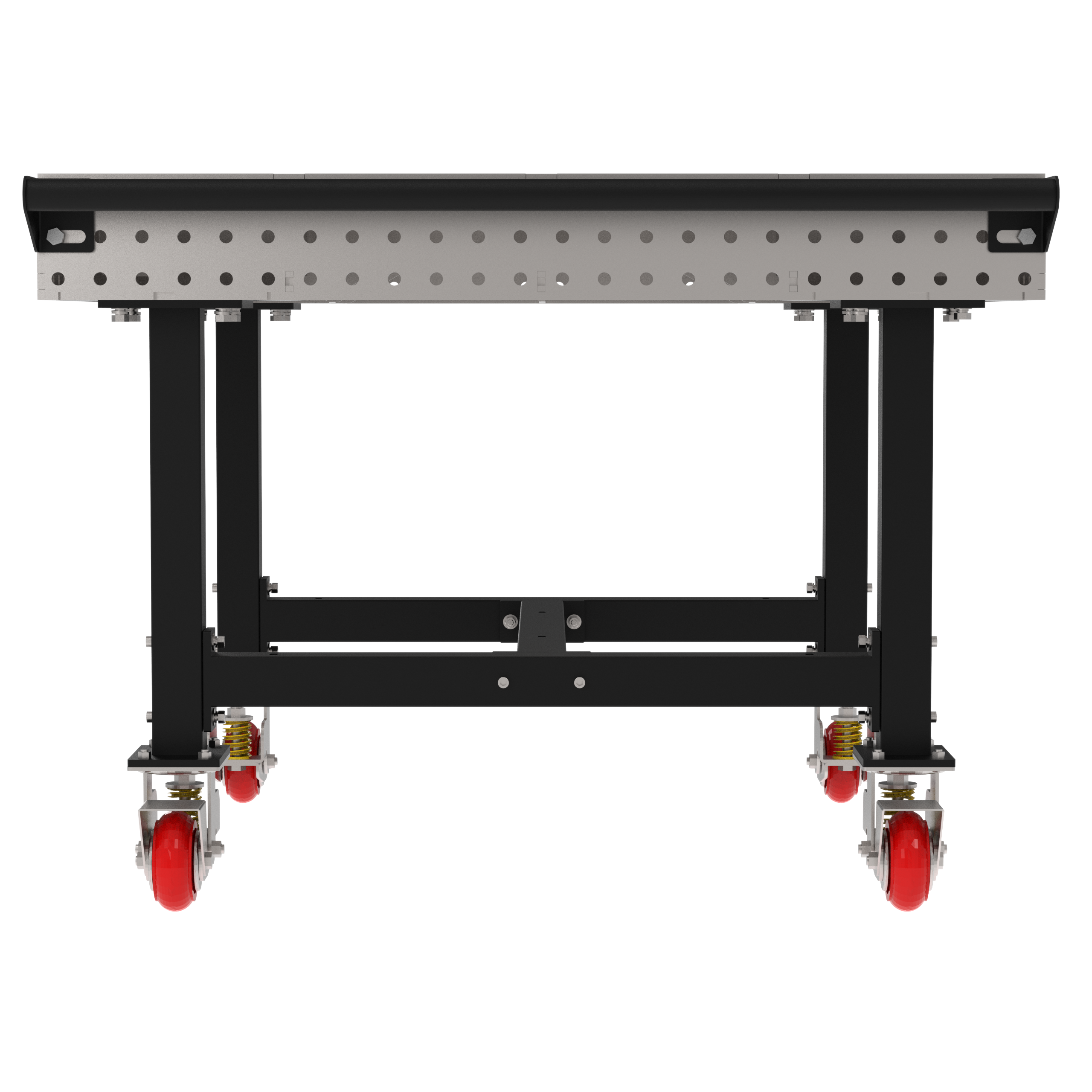 Welding Fixture Table, Fixed Height, 36"H x 48"L x 48"D, 1/4" Carbon Steel Top, Four Black Powdercoat Legs, Handle, 4 Heavy Duty Suspension Casters (2 Locking/Swiveling Casters and 2 Non-Locking/Non-SwivelingCasters)