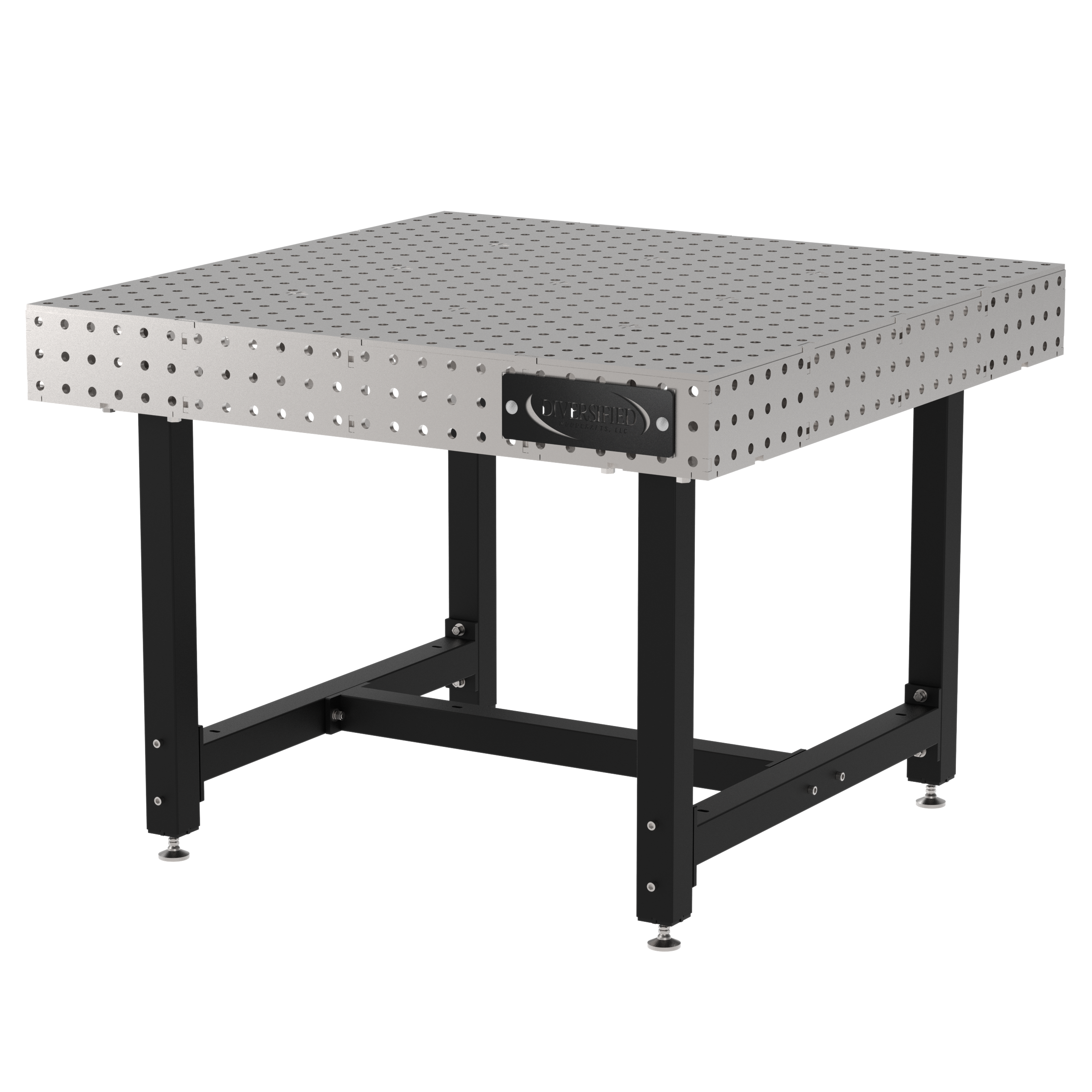 Welding Fixture Table, Fixed Height, 36"H x 48"L x 48"D, 1/4" Carbon Steel Top, Four Black Powdercoat Legs, Self-Leveling Feet