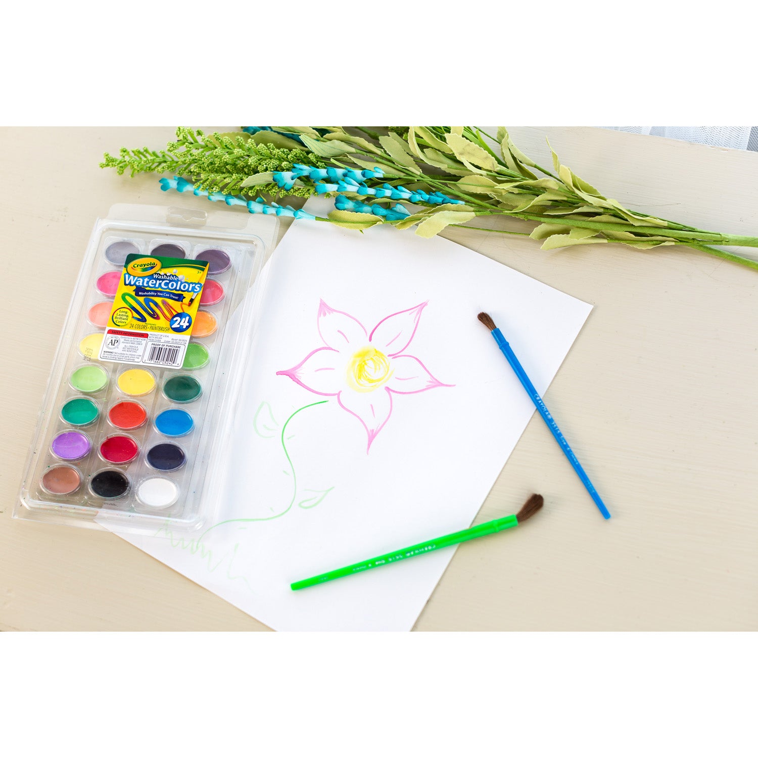 Washable Watercolor Pans with Plastic Handled Brush, 24 Colors