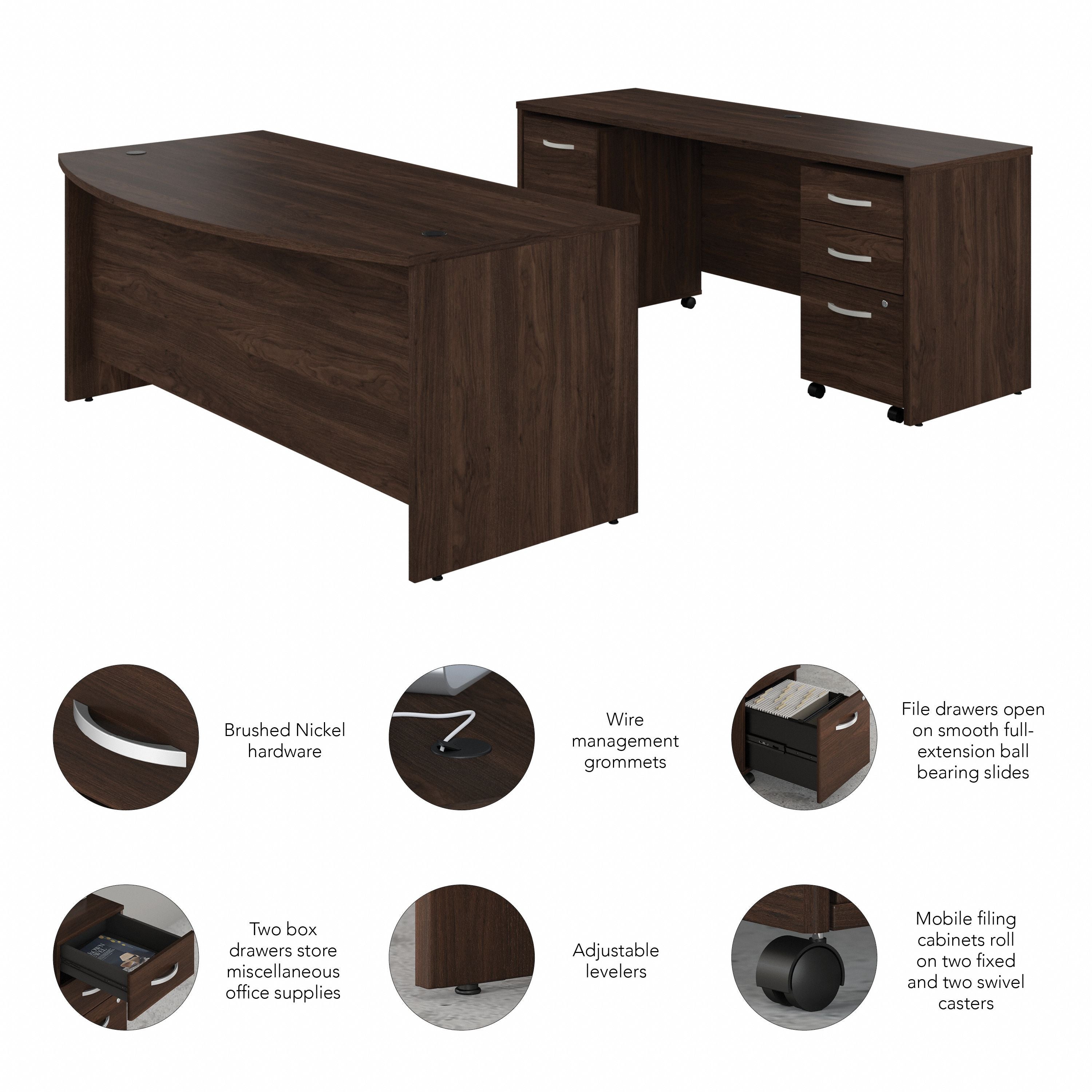Bush Business Furniture Studio C 72W x 36D Bow Front Desk and Credenza with Mobile File Cabinets in Black Walnut - 71.02" Width x 94.78" Depth x 29.84" Height