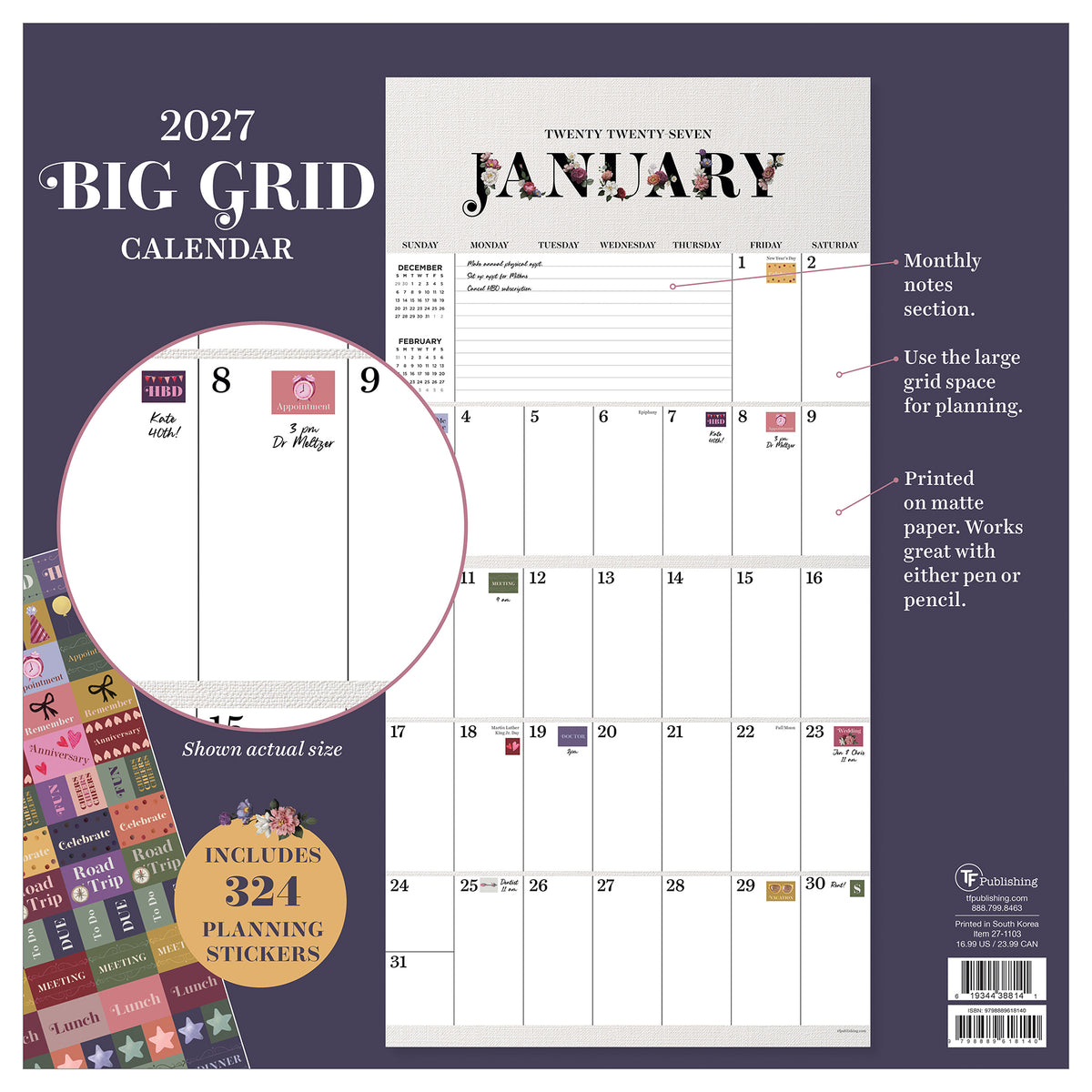 2027 BIG GRID FLORAL WALL CALENDAR