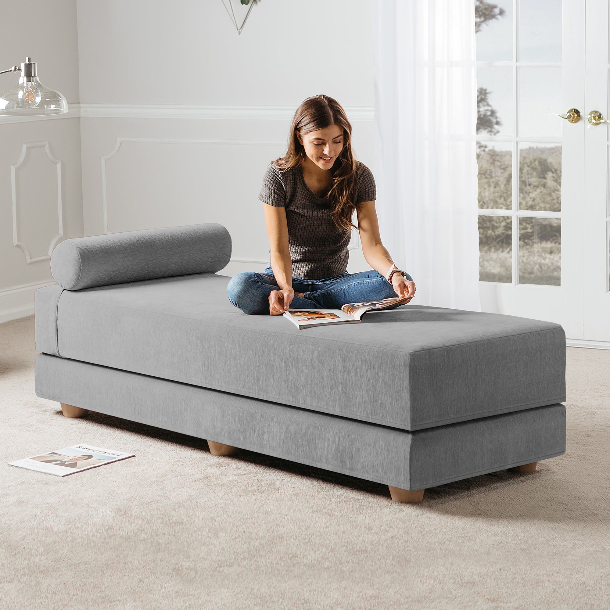 Jaxx Alon Daybed/Fold-Out Sleeper, Queen-Size Mattress - Premium Chenille, Grey, Model: