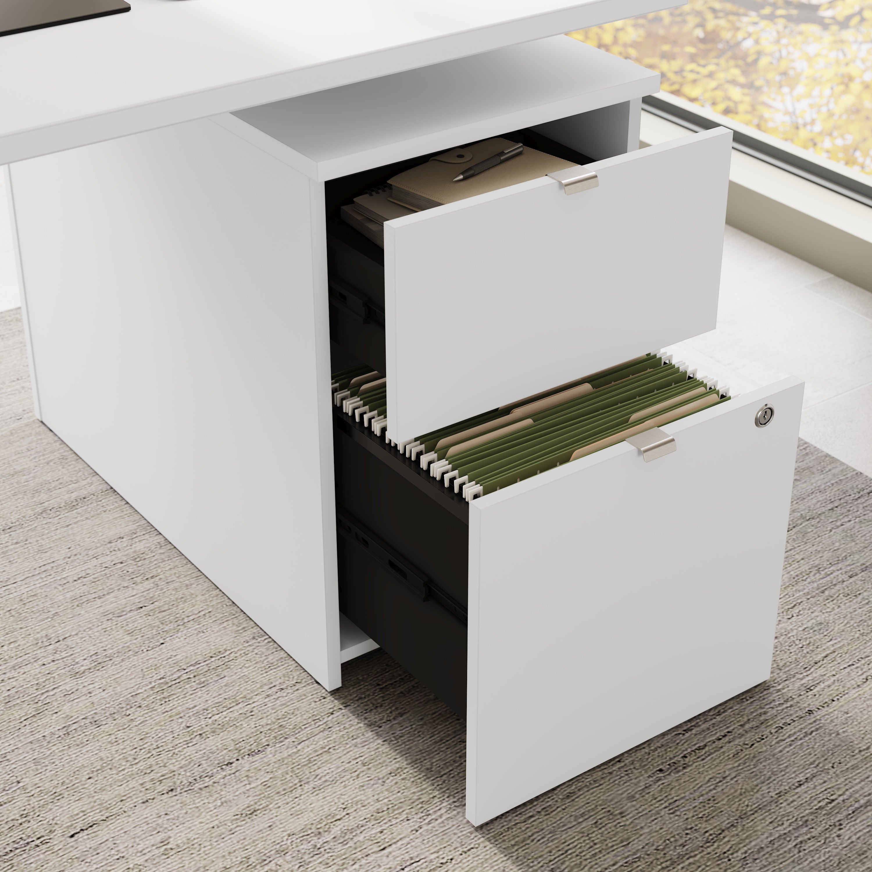 Bush Business Furniture Stratus&nbsp;60W x&nbsp;78D Height Adjustable L Shaped Standing Desk with Drawers in White with White Base - 59.45" Width x 76.97" Depth x 27.44" Height