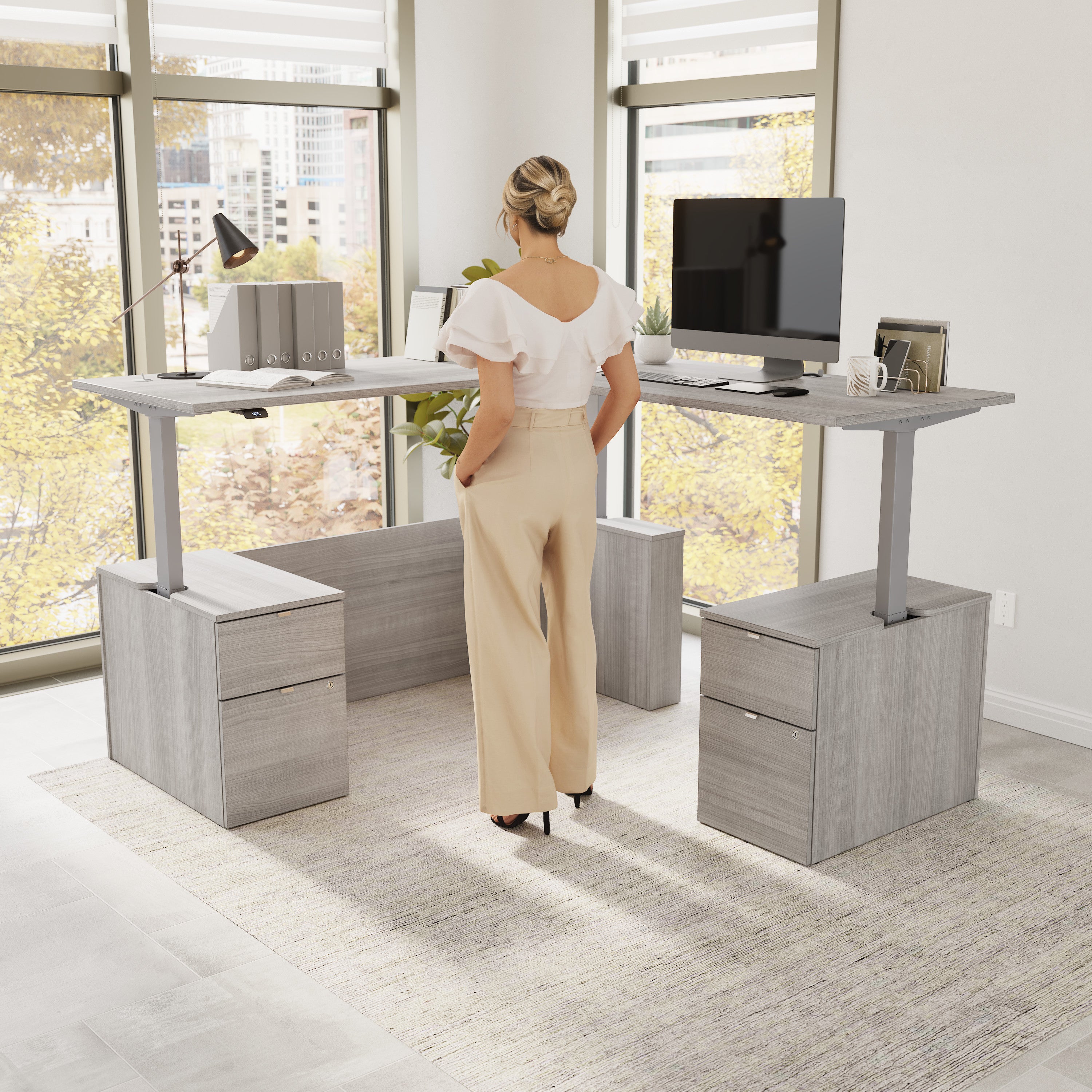 Bush Business Furniture Stratus&nbsp;72W x&nbsp;78D Height Adjustable L Shaped Standing Desk with Drawers in Platinum Gray with Metallic Gray Base - 71.02" Width x 76.97" Depth x 27.44" Height