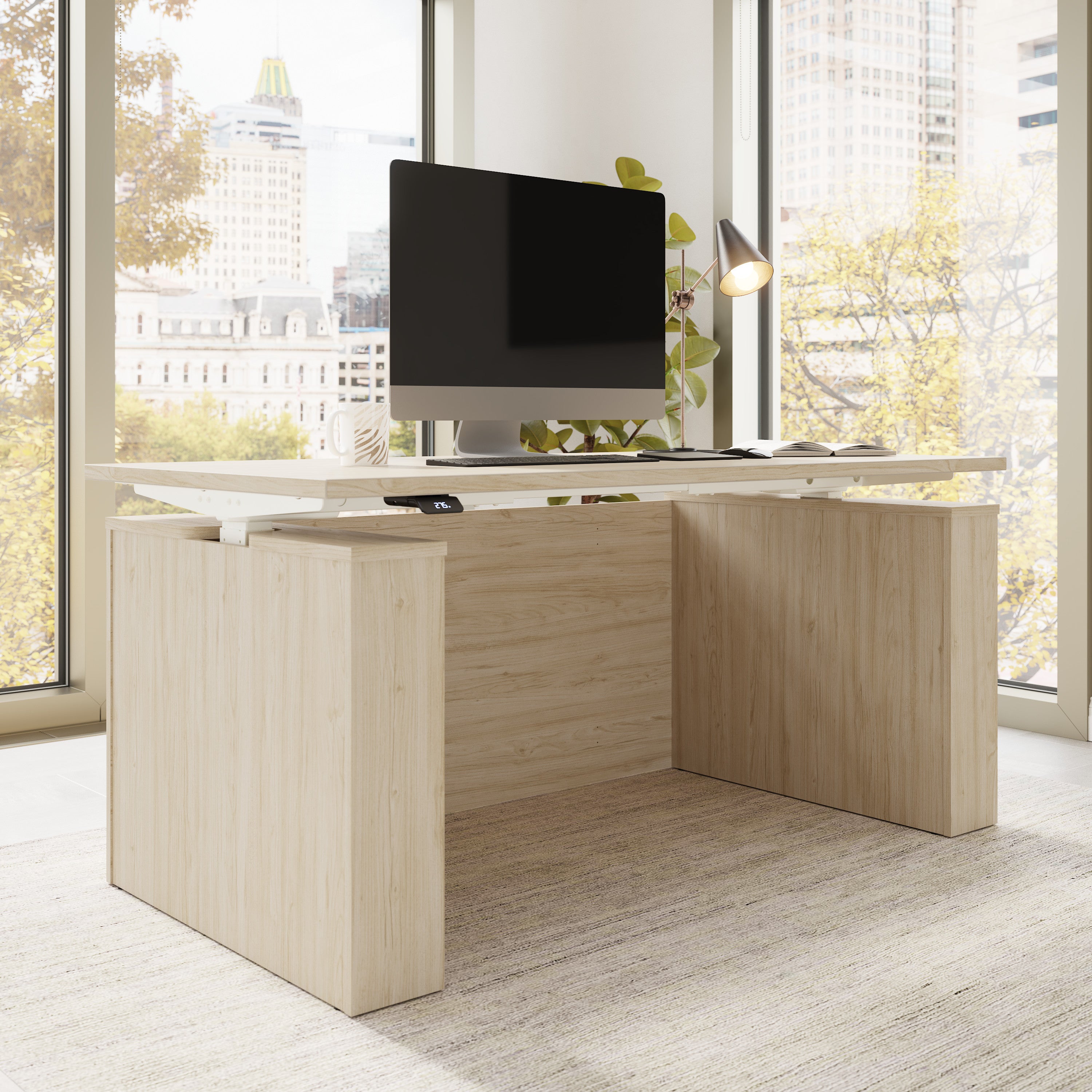 Bush Business Furniture Stratus&nbsp;60W x&nbsp;30D Electric Height Adjustable Standing Desk with Modesty Panel in Natural Elm with White Base - 59.45" Width x 29.37" Depth x 27.44" Height