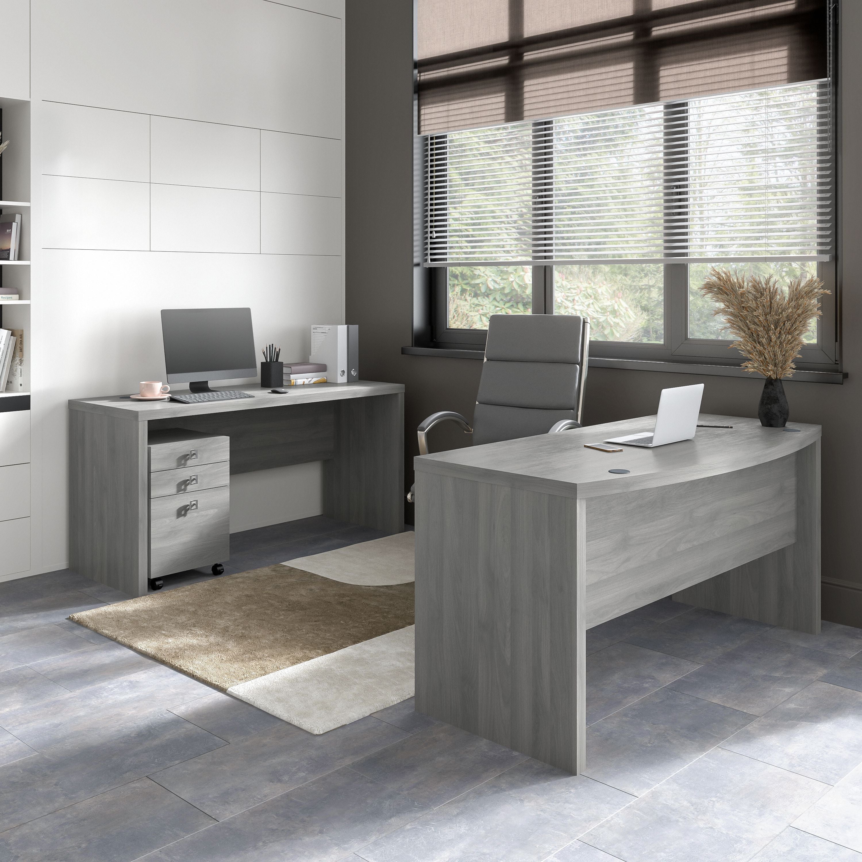 Bush Business Furniture Echo Bow Front Desk and Credenza with Mobile File Cabinet in Modern Gray - 60" Width x 87.26" Depth x 30" Height
