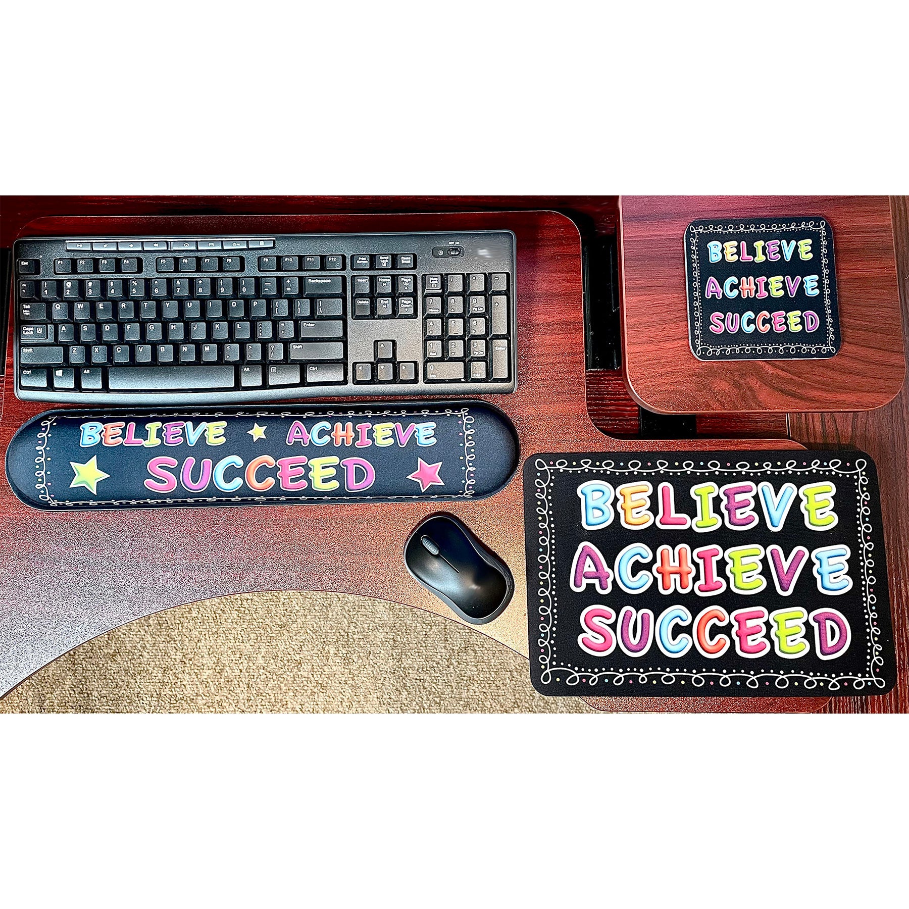 The Original Fun Mat® Computer Desk Mats, Set of 3, (1) Mouse Pad, (1) Keyboard Wrist Pad, (1) Coaster, Believe, Achieve, Succeed, Chalk Loops