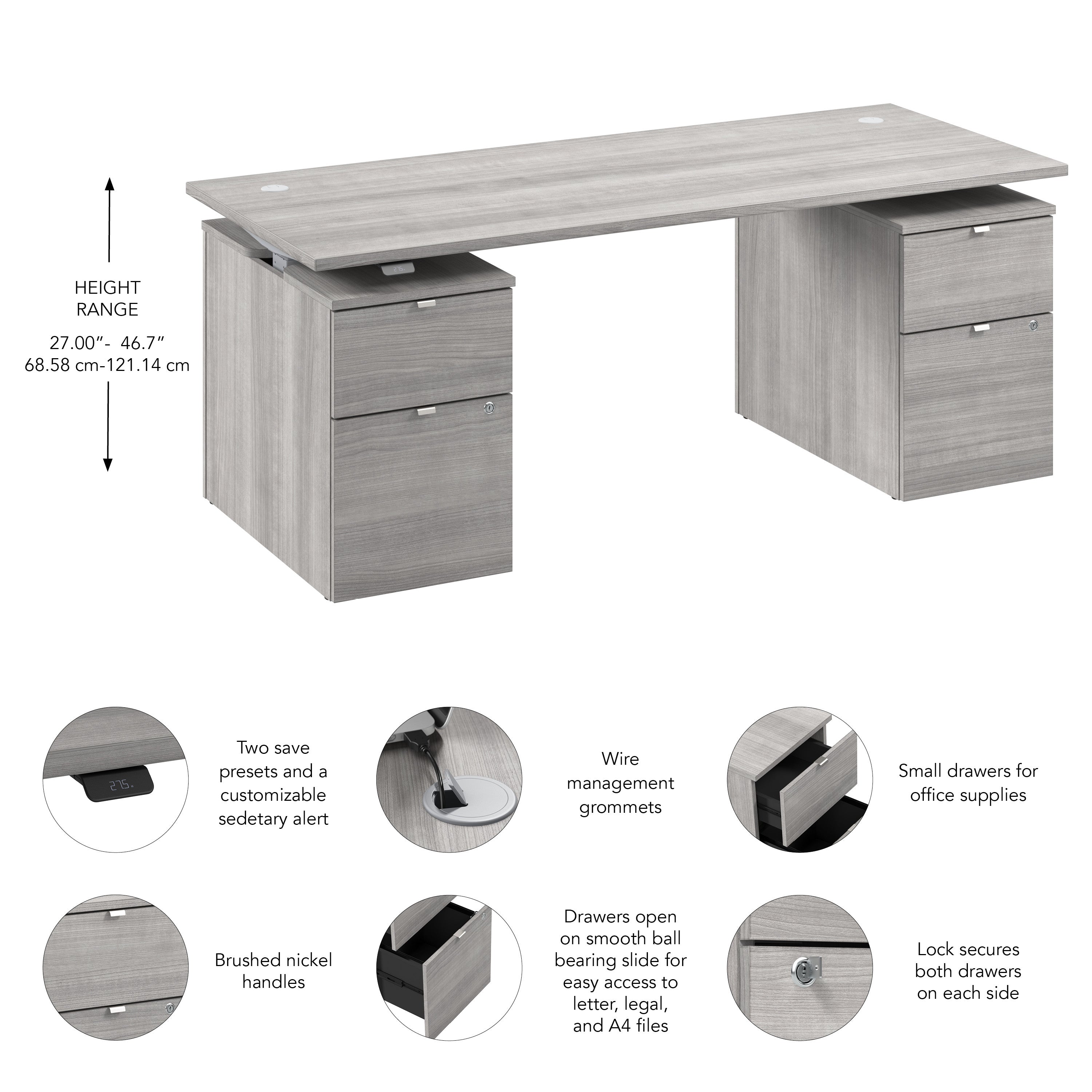 Bush Business Furniture Stratus&nbsp;72W x&nbsp;30D Electric Height Adjustable Standing Desk with Drawers in Platinum Gray with Metallic Gray Base - 71.02" Width x 29.37" Depth x 27.44" Height