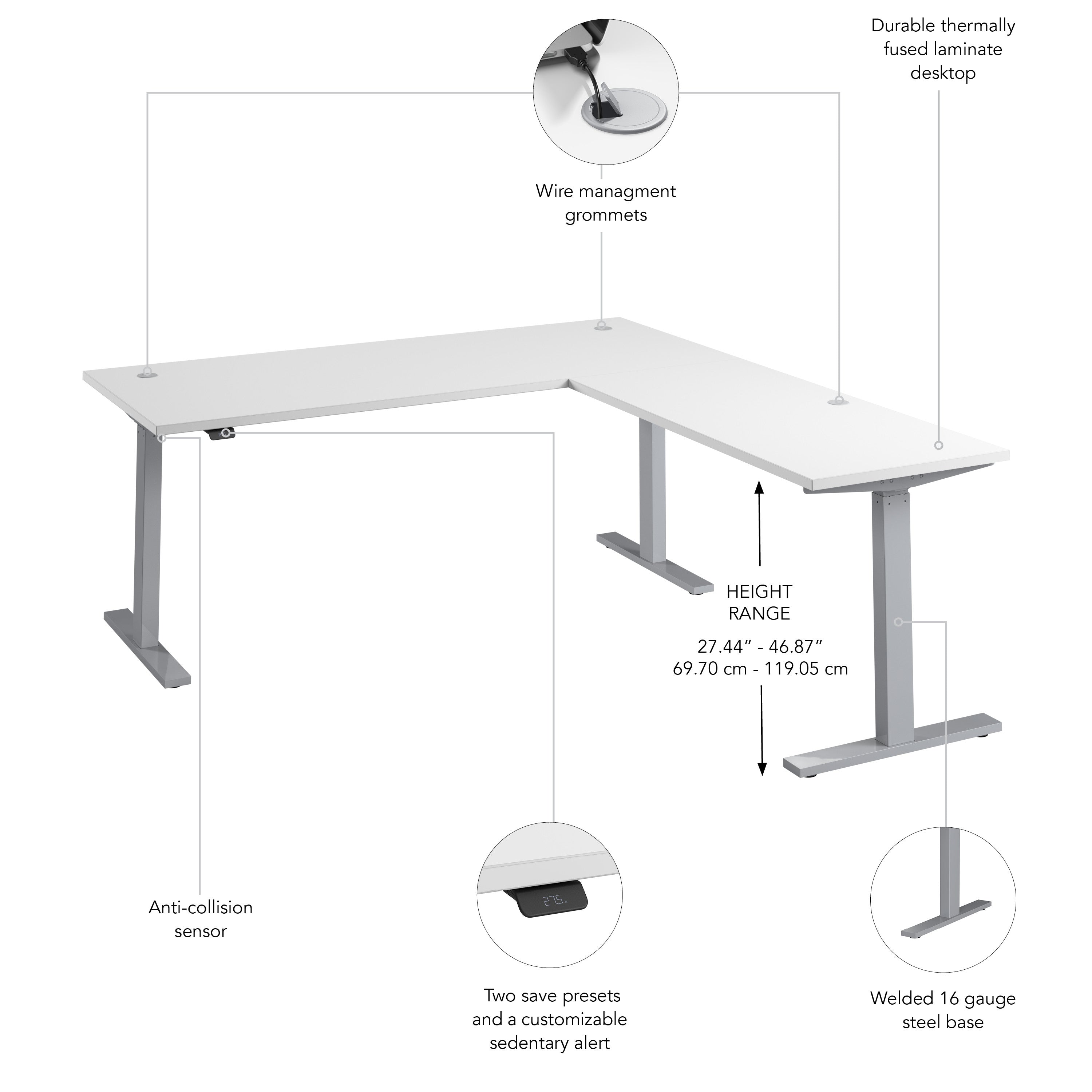 Bush Business Furniture Move 60 Series 72W Height Adjustable L Shaped Standing Desk in White with Metallic Gray Base - 71.02" Width x 76.97" Depth x 27.44" Height