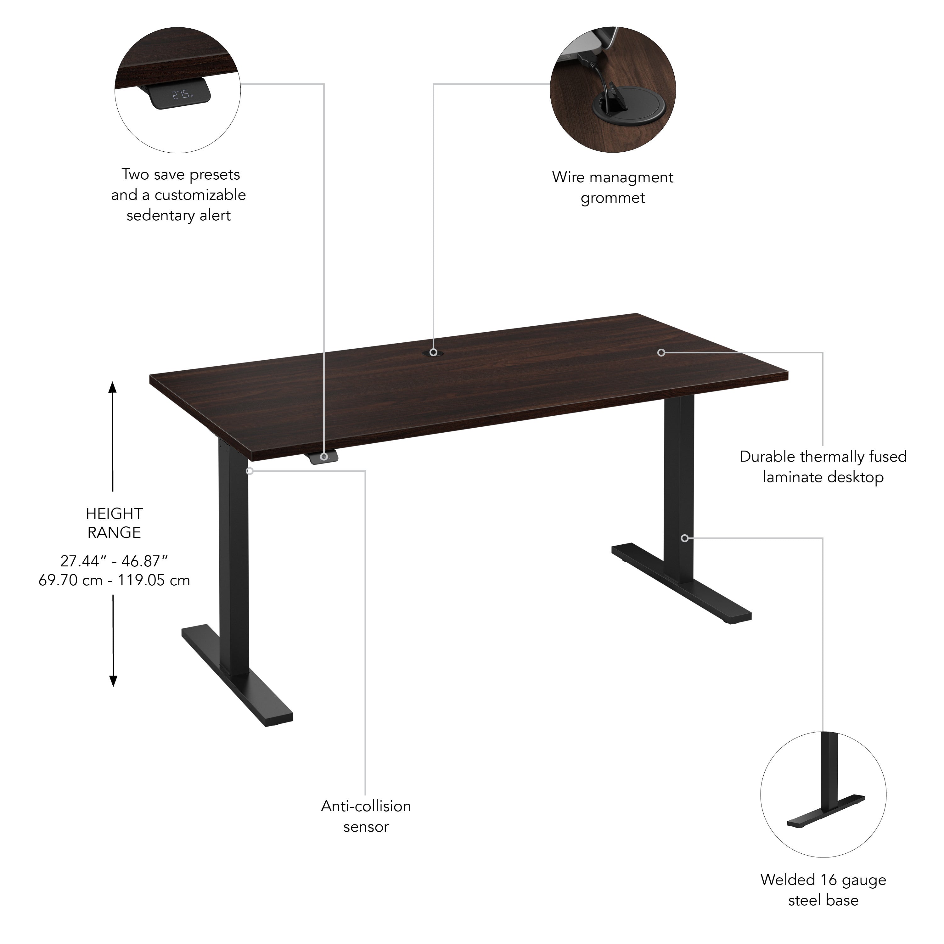 Bush Business Furniture Move 60 Series 60W x 30D Electric Height Adjustable Standing Desk in Black Walnut with Black Base - 59.45" Width x 29.37" Depth x 47.69" Height