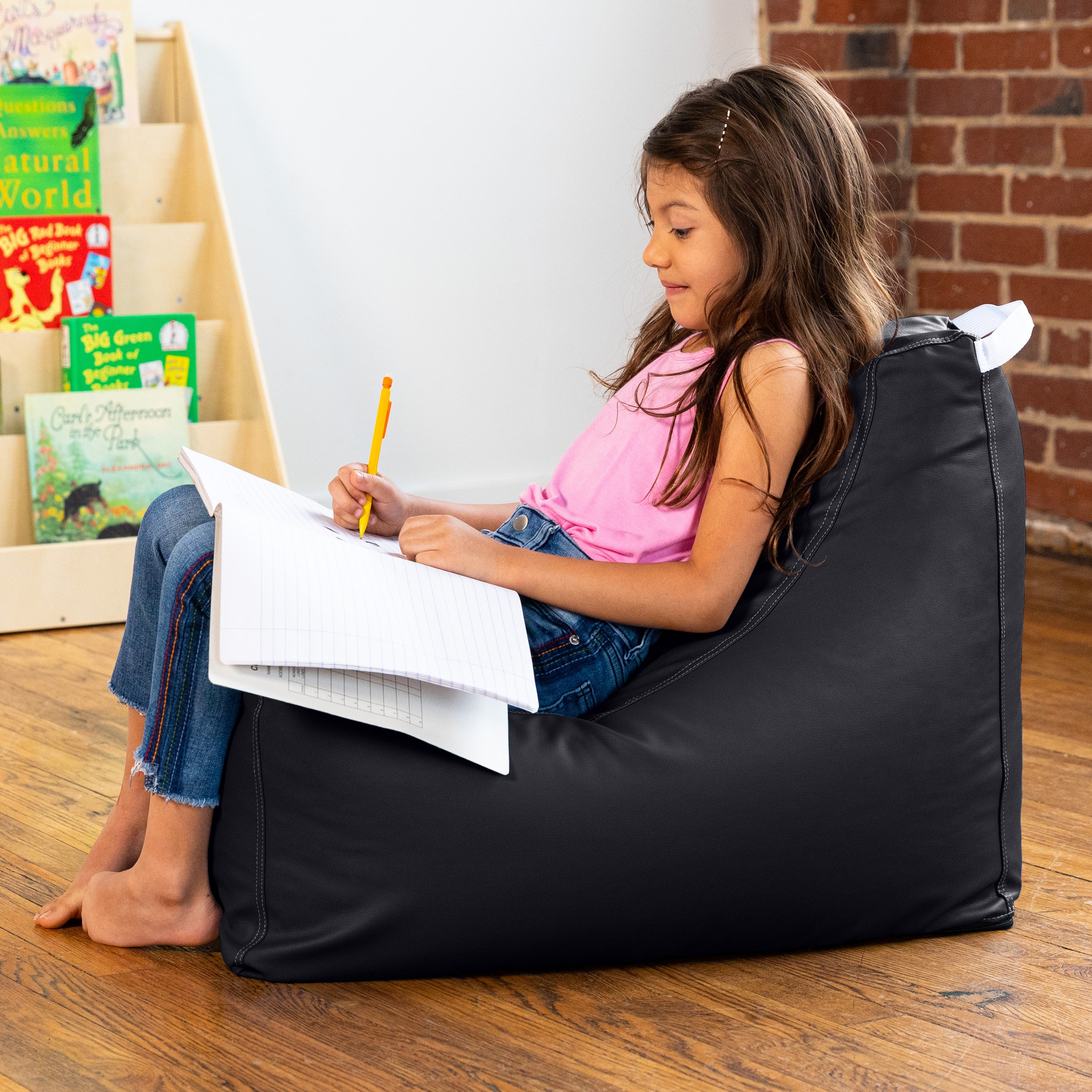 Jaxx Pezzi Jr Kids Classroom Bean Bag Chair, Premium Vinyl, Black