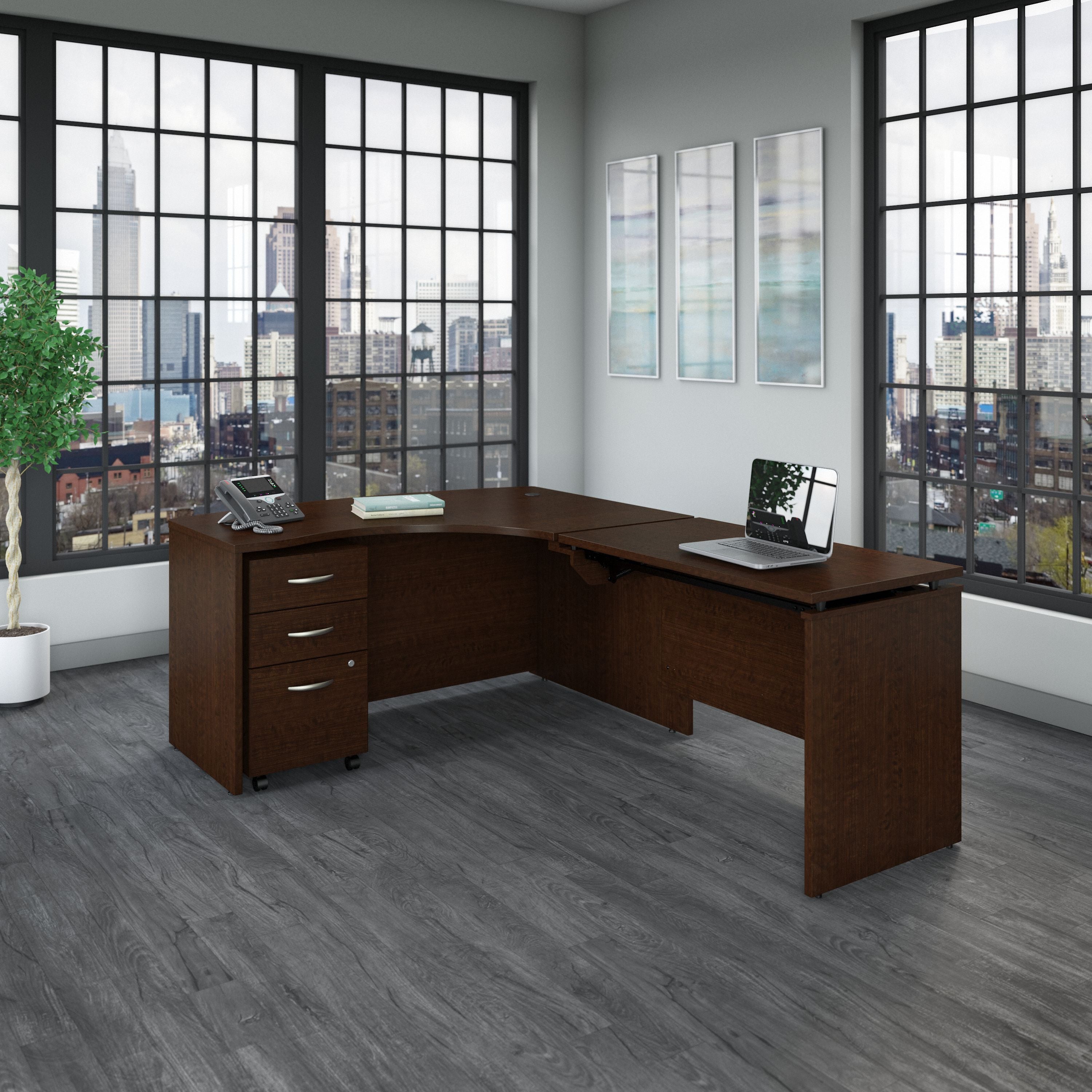 Bush Business Furniture Series C 60W x 43D Right Hand 3 Position Sit to Stand L Shaped Desk with Mobile File Cabinet in Mocha Cherry - 58.86" Width x 85.51" Depth x 29.84" Height