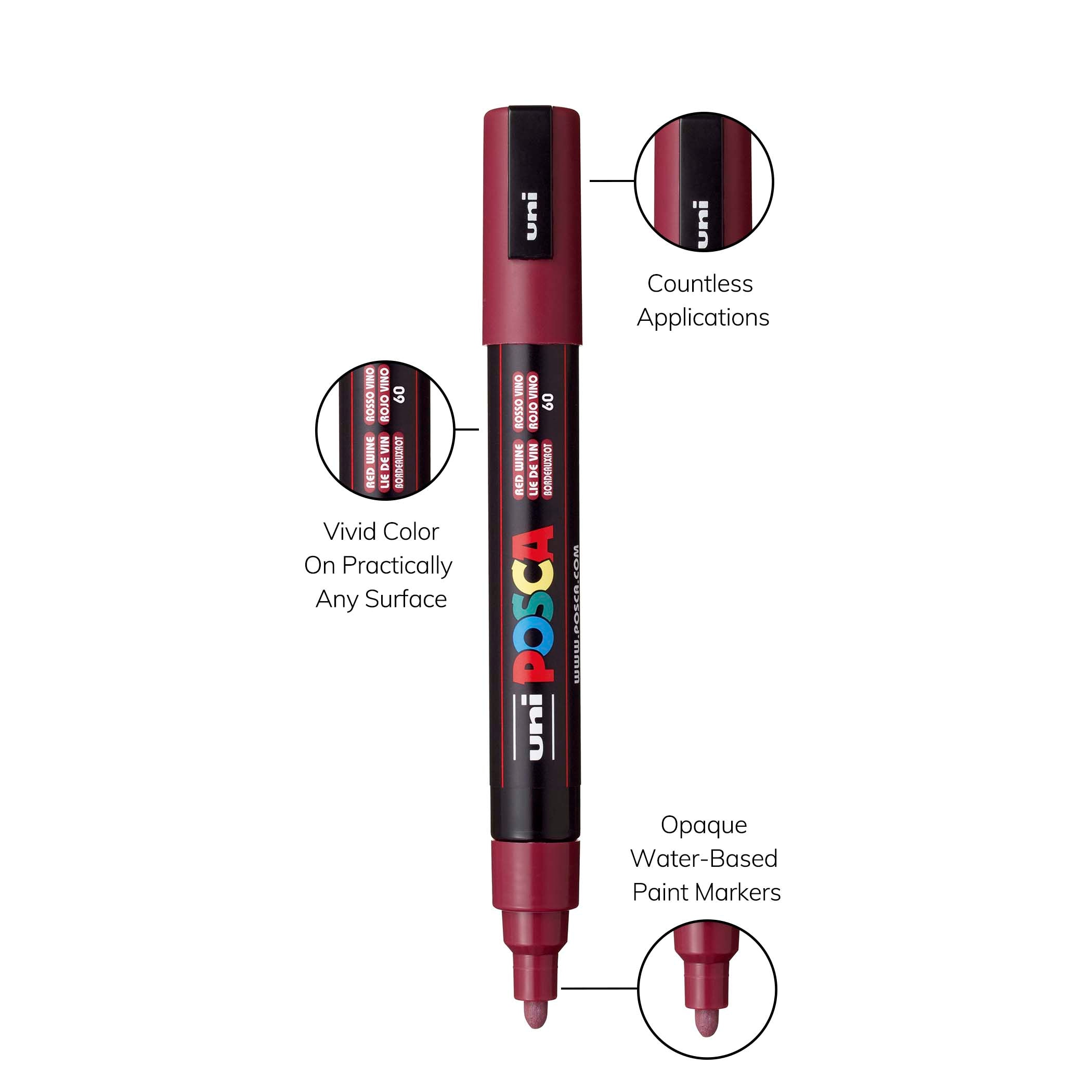 uni® POSCA PC-5M Water-Based Paint Markers, Reversible Medium Tip (1.8-2.5mm), Red Wine