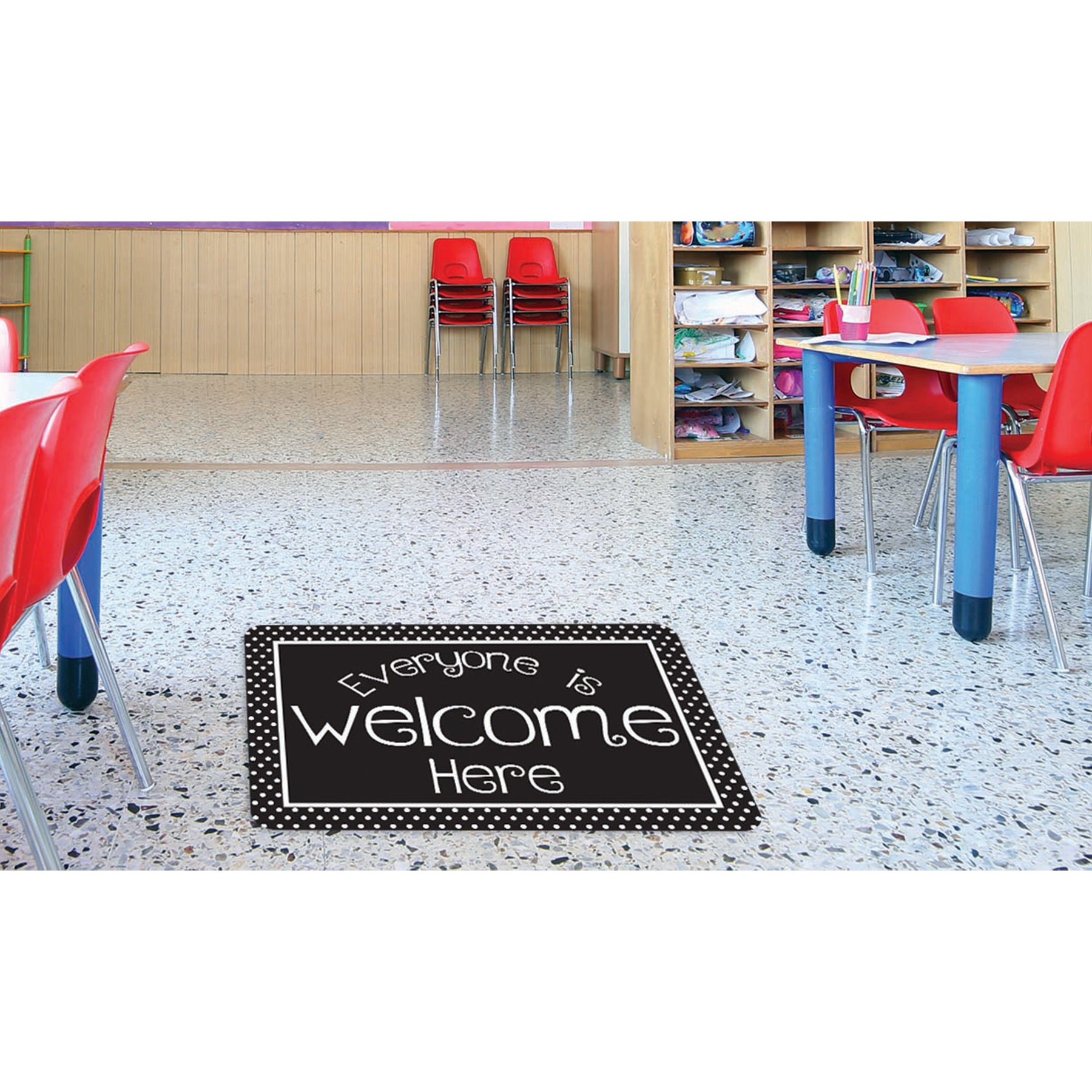Welcome Mat with Slip Resistant Backing, 15.5" x 23.5", Black and White Dots Everyone is Welcome Here