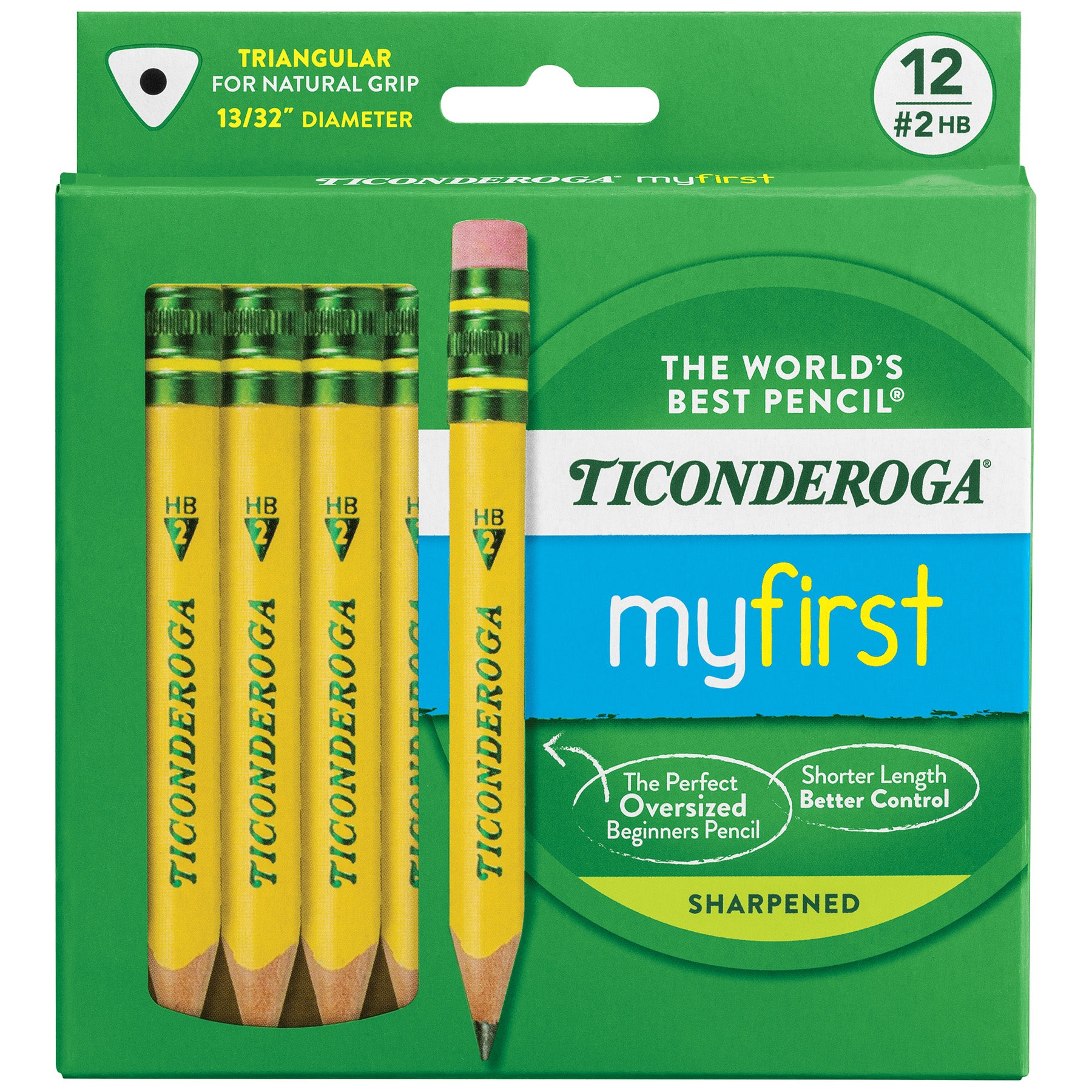 My First® Short Wooden Pencils, Large Triangle Barrel, Sharpened, #2 HB Soft, With Eraser, Yellow, 12 Count
