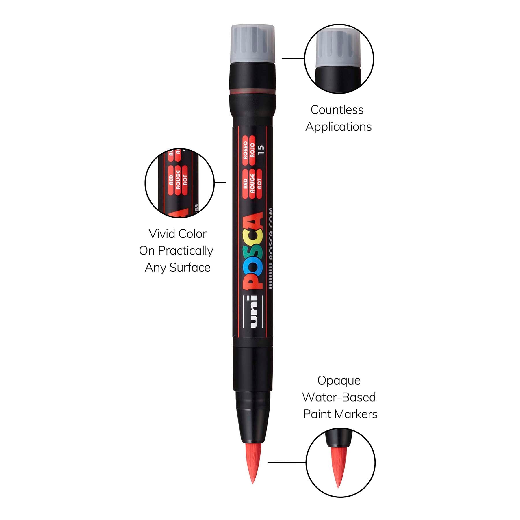 uni® POSCA PCF-350 Water-Based Paint Markers, Brush Tip (1-10mm), Red