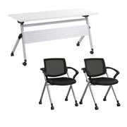 Bush Business Furniture Envision 60W Folding Training Table and 2 Folding Chairs with Arms in White - 59.45" Width x 23.54" Depth x 32.87" Height