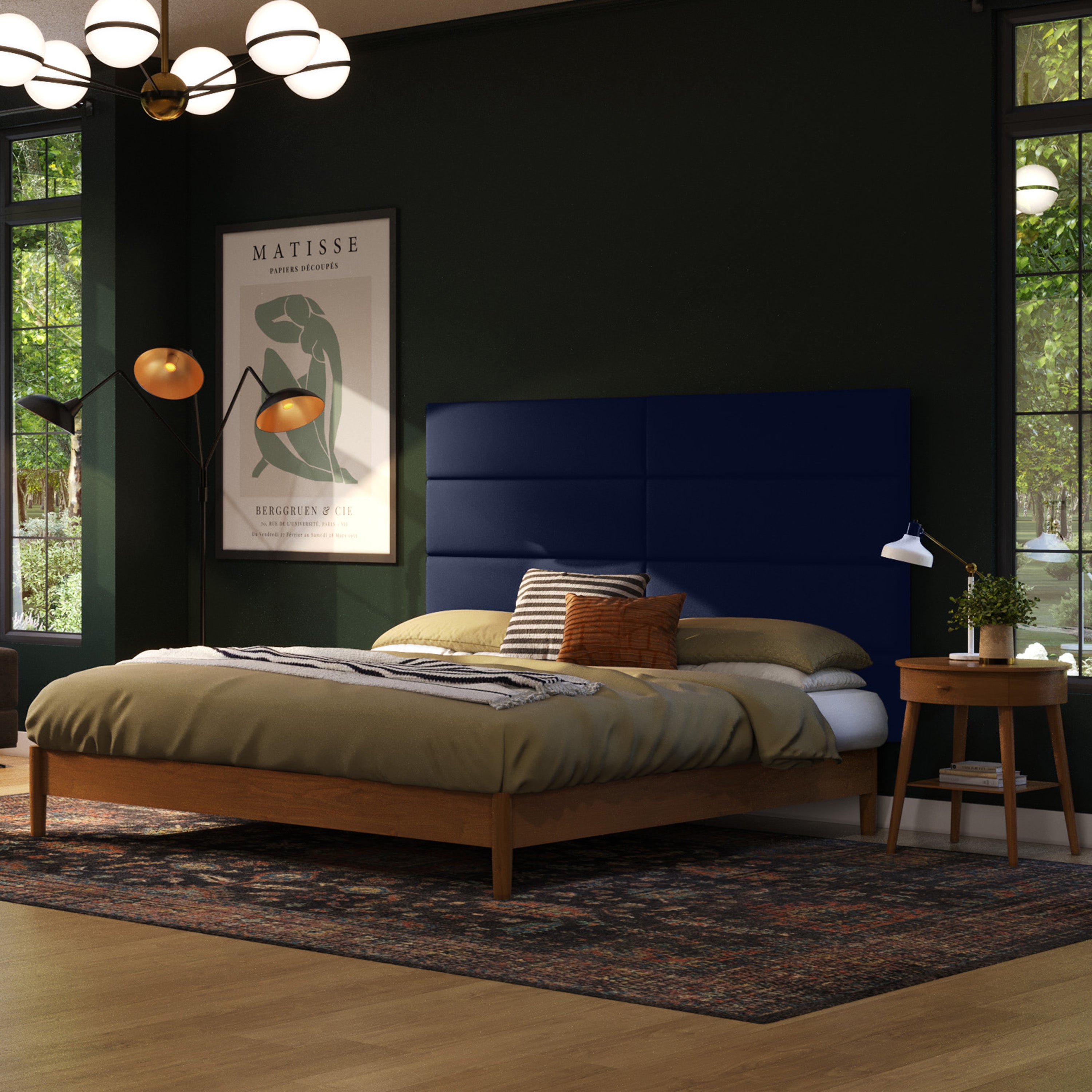 Jaxx Panelist Modern Padded Headboard – Set of 4 Wall Mounted Panels (Each 11.25" x 38") - King, Vegan Leather, Deep Blue