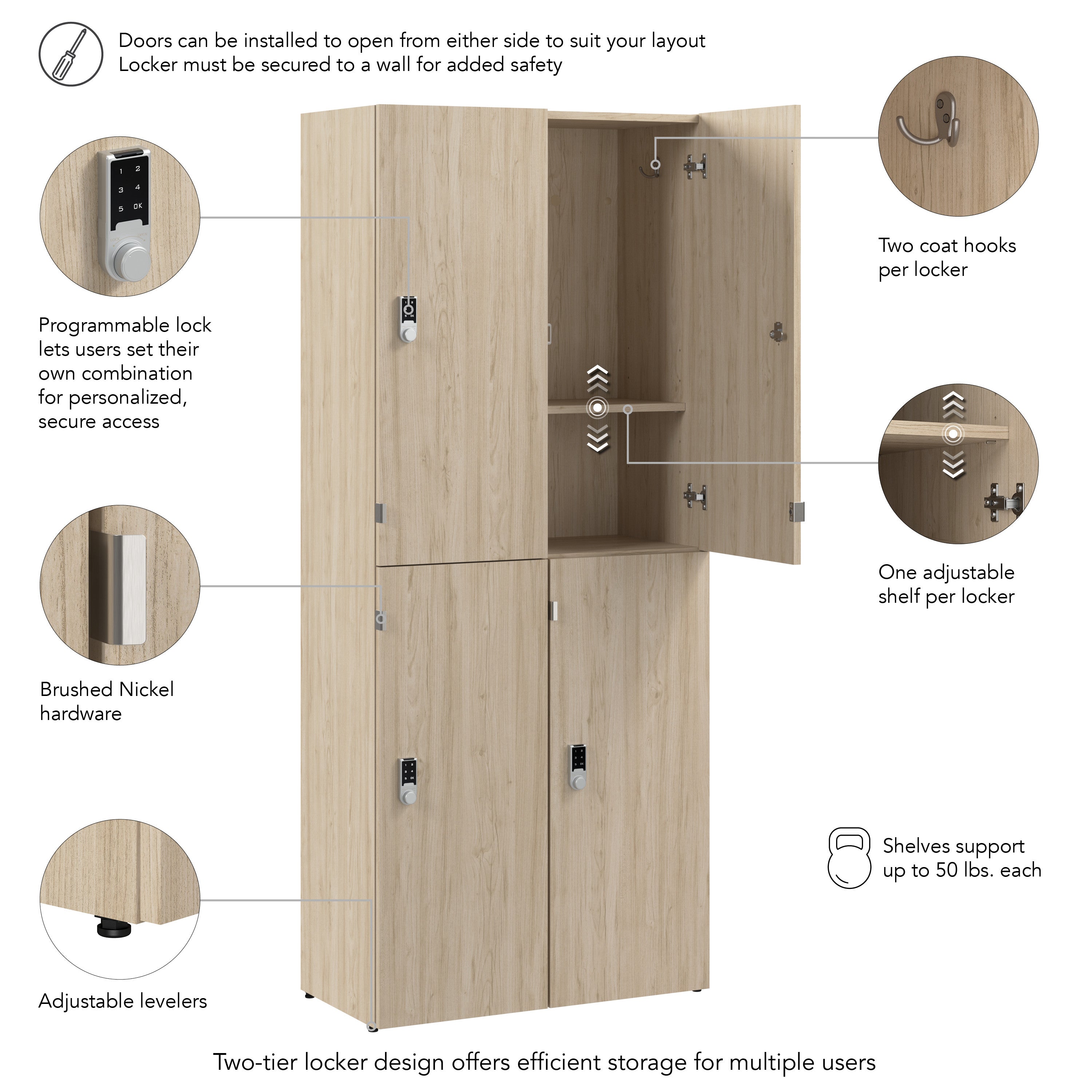 Bush Business Furniture Assure Two Tier 4 Door Storage Lockers with Keypad Locks in Natural Elm - 29.76" Width x 15.35" Depth x 72.15" Height