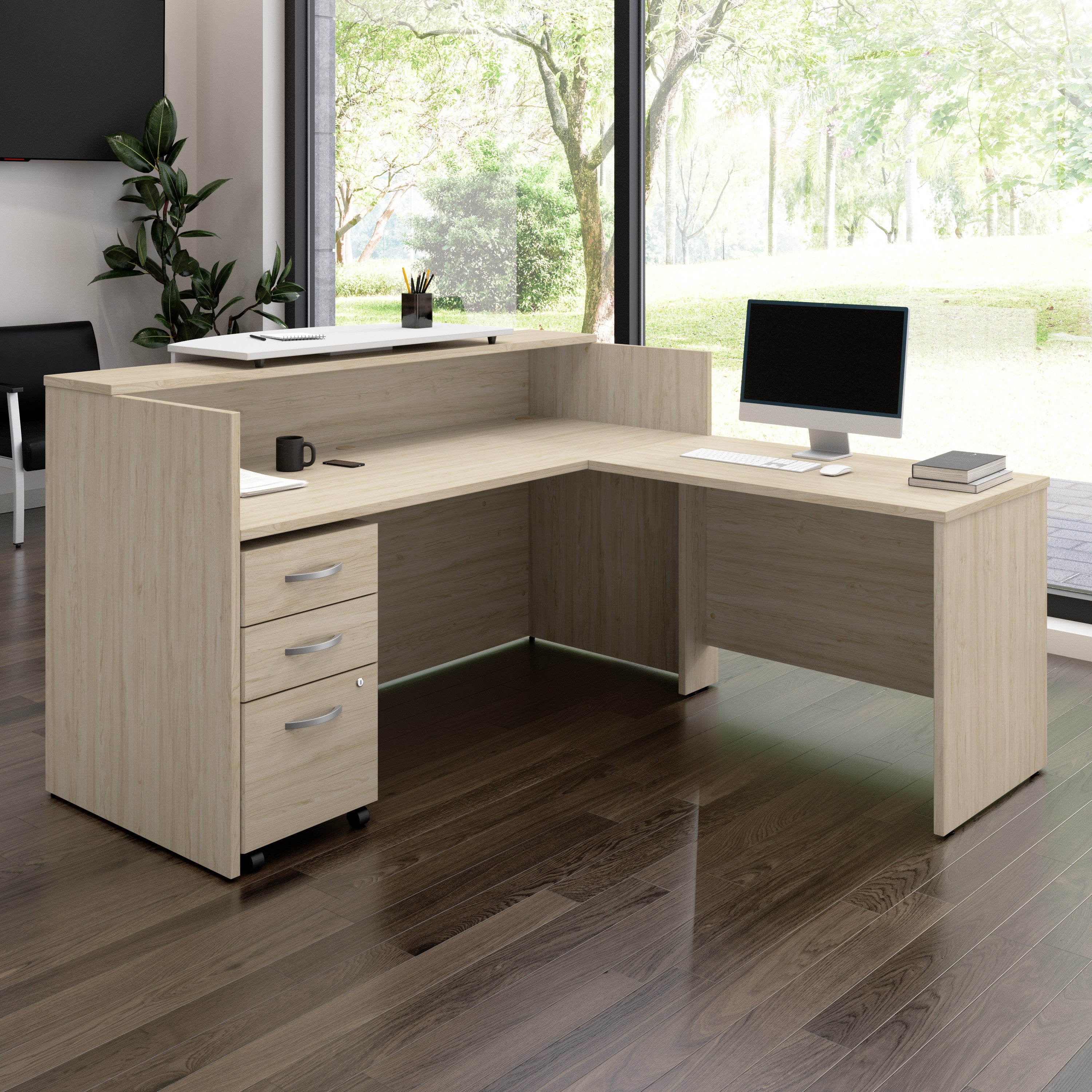 Bush Business Furniture Arrive 72W x 72D L Shaped Reception Desk with Counter and Mobile File Cabinet in Natural Elm - 71.02" Width x 71.14" Depth x 40.35" Height