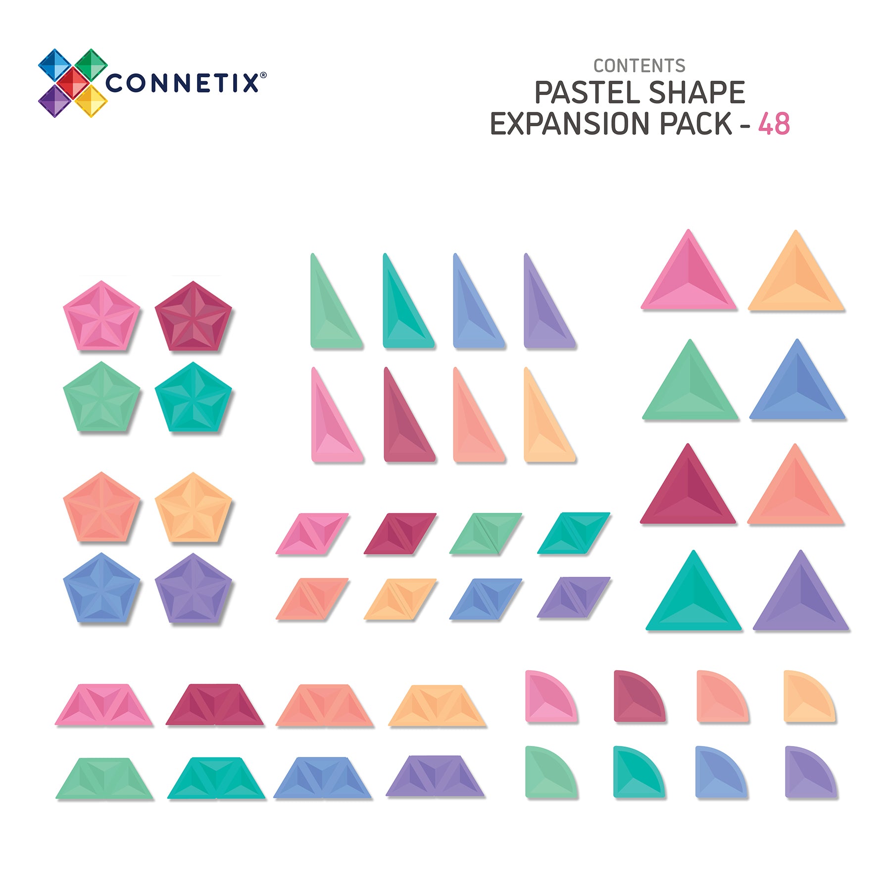 Magnetic Tiles Pastel Shape Expansion Pack, 48 Pieces