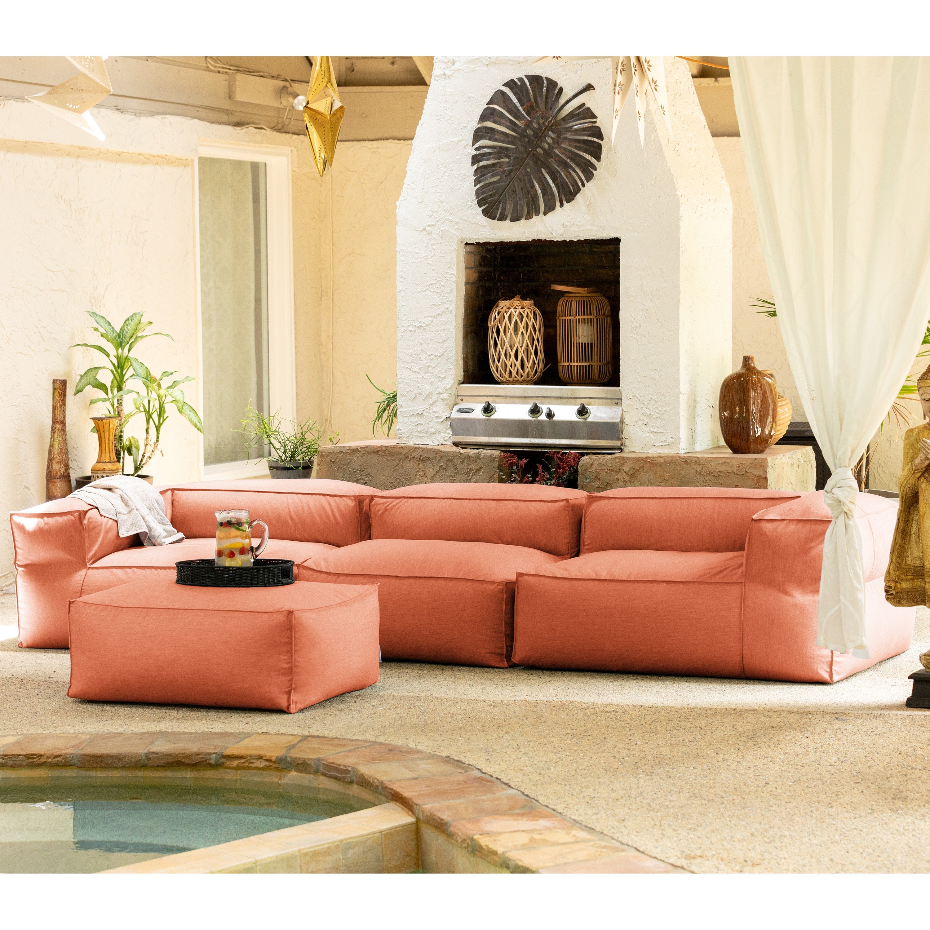 Baya 4 Piece Outdoor Sofa with Ottoman - Luxurious European Style Soft Seating, Coral