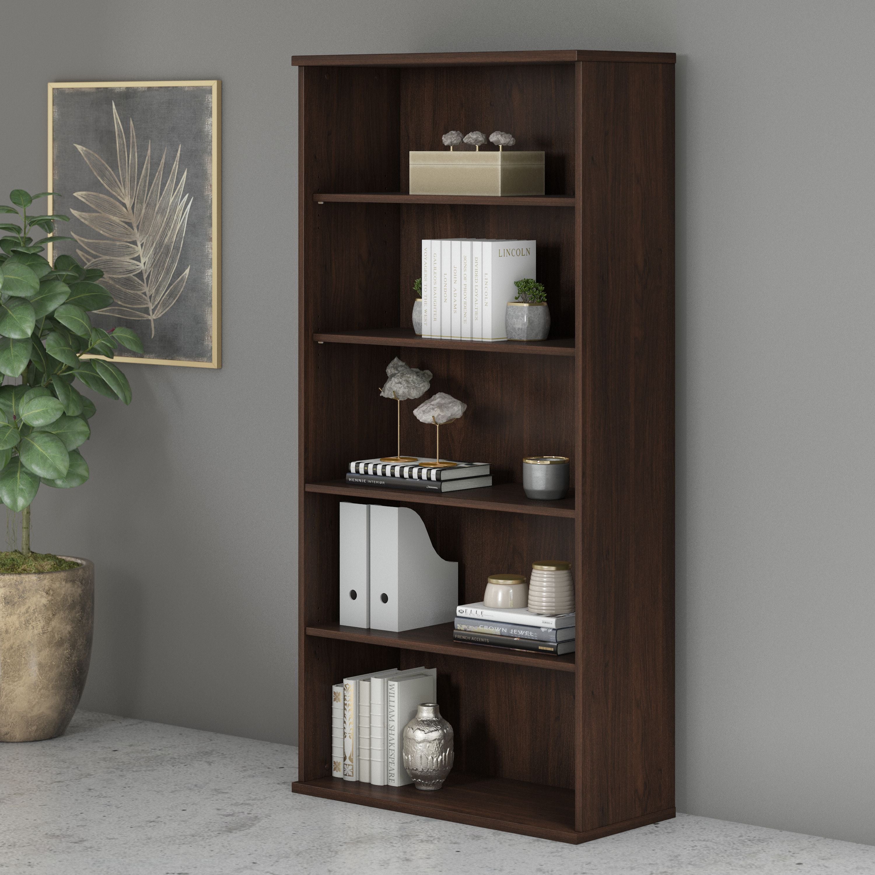 Bush Business Furniture Studio C Tall 5 Shelf Bookcase in Black Walnut - 35.71" Width x 15.43" Depth x 72.8" Height