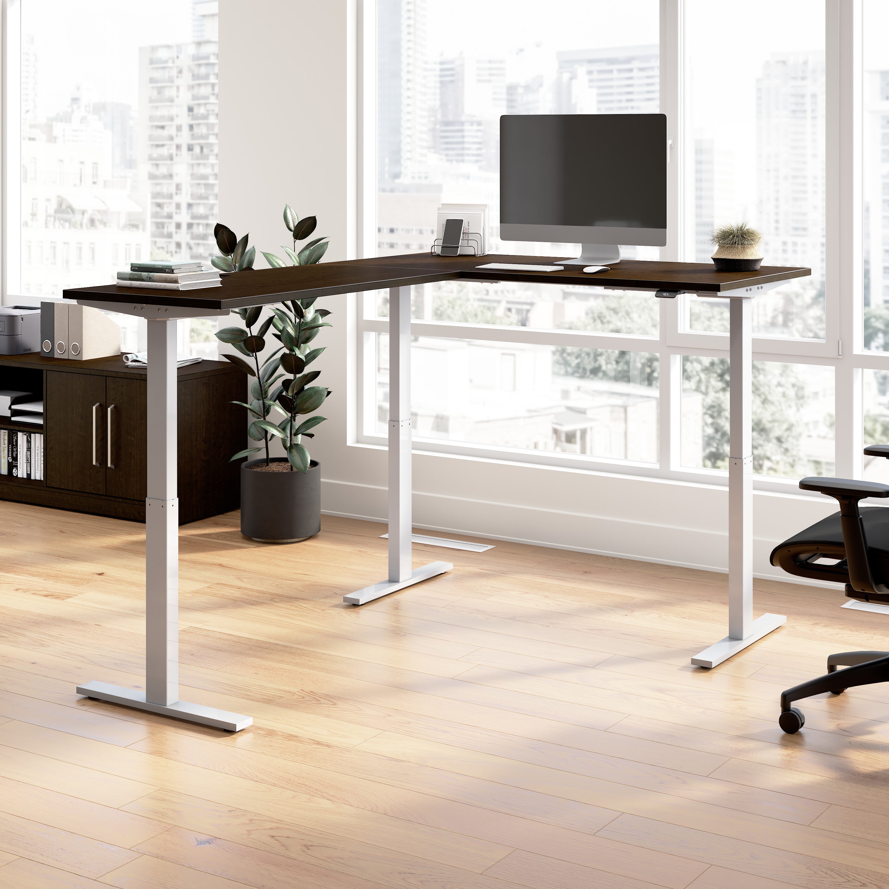 Bush Business Furniture Move 60 Series 60W Height Adjustable L Shaped Standing Desk in Mocha Cherry with Metallic Gray Base - 59.45" Width x 76.97" Depth x 27.44" Height