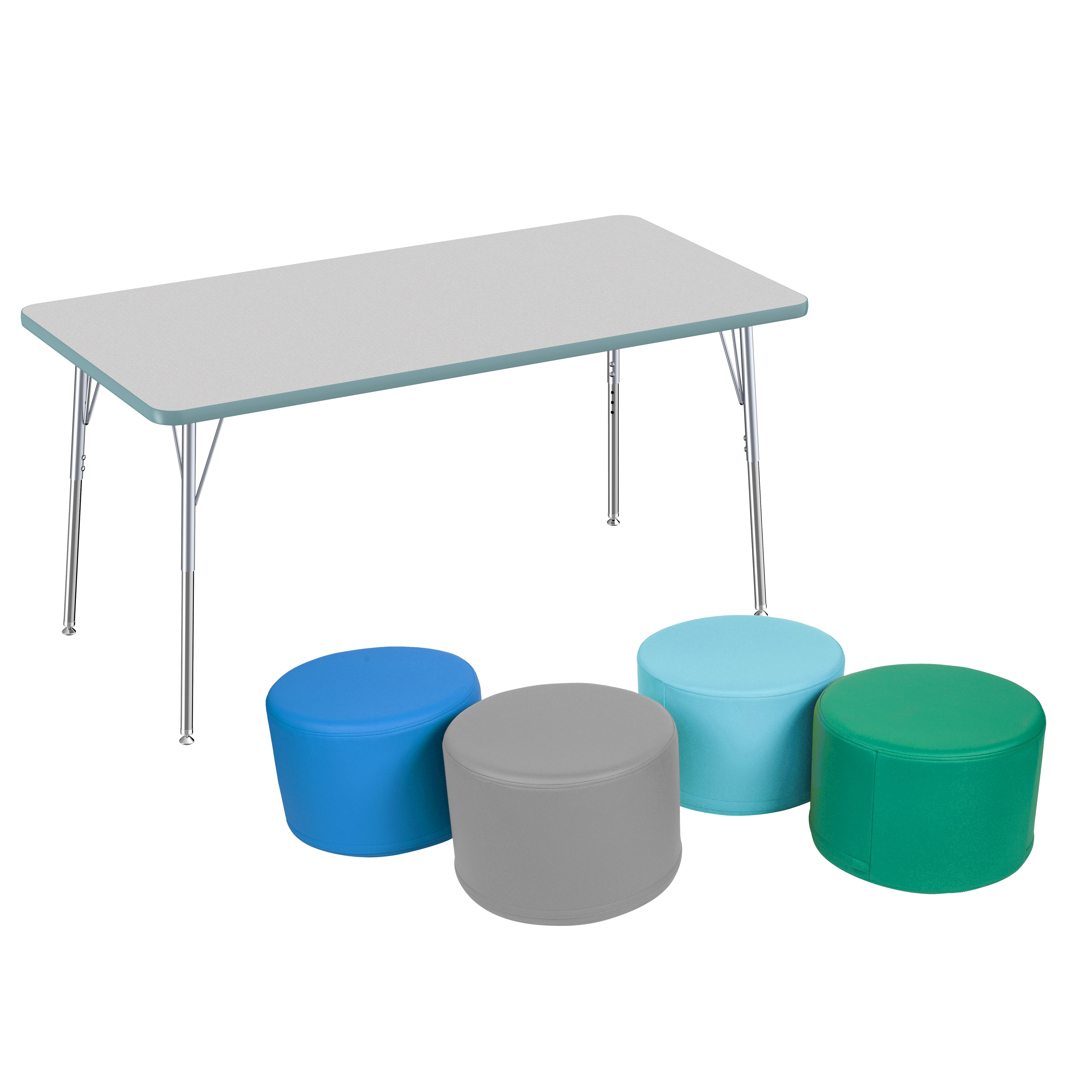 30" x 60" Rectangle Thermofused Activity Table with Standard Swivel Legs and Round Ottomans 12" Height, 5-Piece Set - Gray/Seafoam/Silver/Contemporary