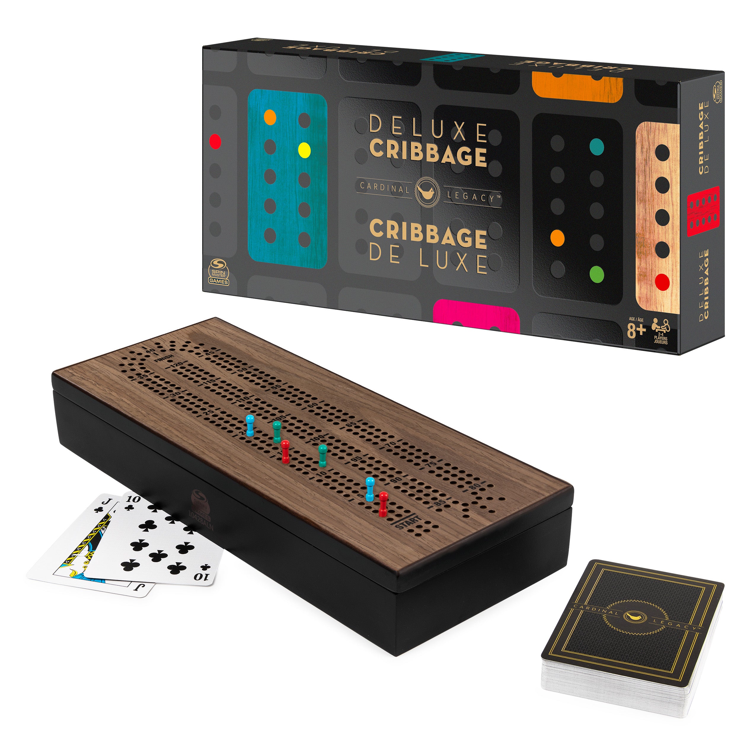 Legacy Deluxe Cribbage Classic Game with Lined Wooden Case and Colored Metal Movers, Family Game for 2 to 4 Players Ages 8 and up