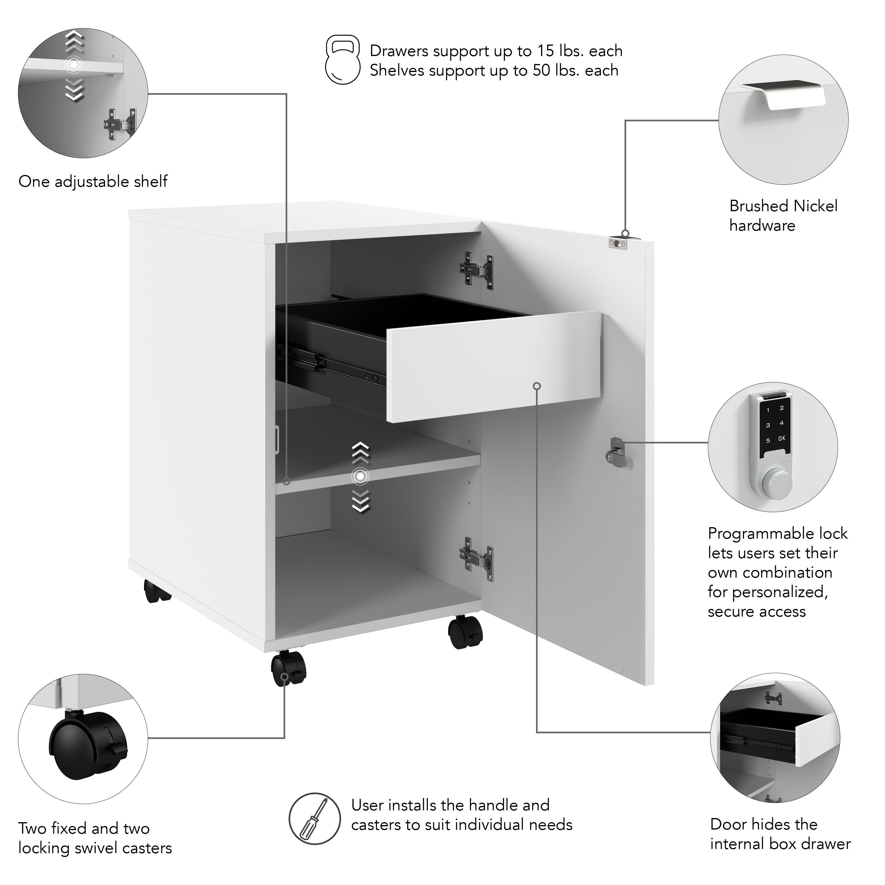 Bush Business Furniture Assure Mobile File Cabinet with Drawer, Door, and Keypad Lock in White - 15.65" Width x 20.24" Depth x 25.91" Height