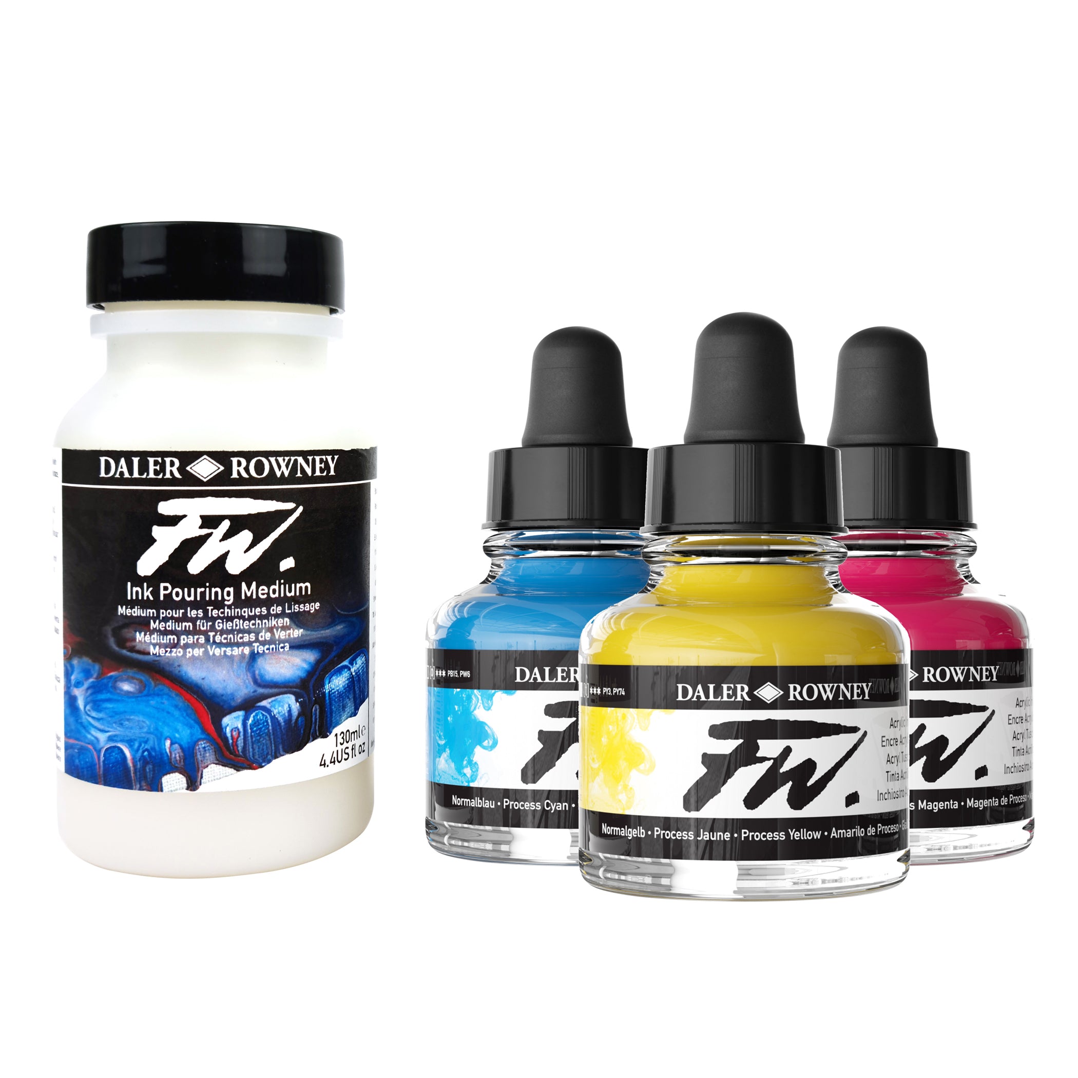 FW Acrylic Ink Pouring Set, Assorted Colors with Pouring Medium, 29.5ml, 4 Pieces