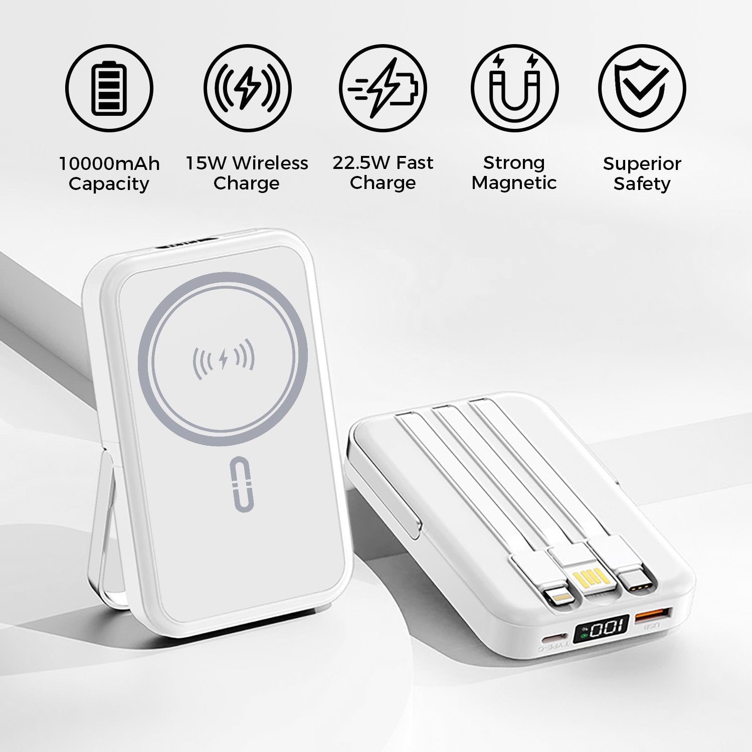 10,000mAh Magnetic Wireless Power Bank with Metal Stand + Built-in Cables, White