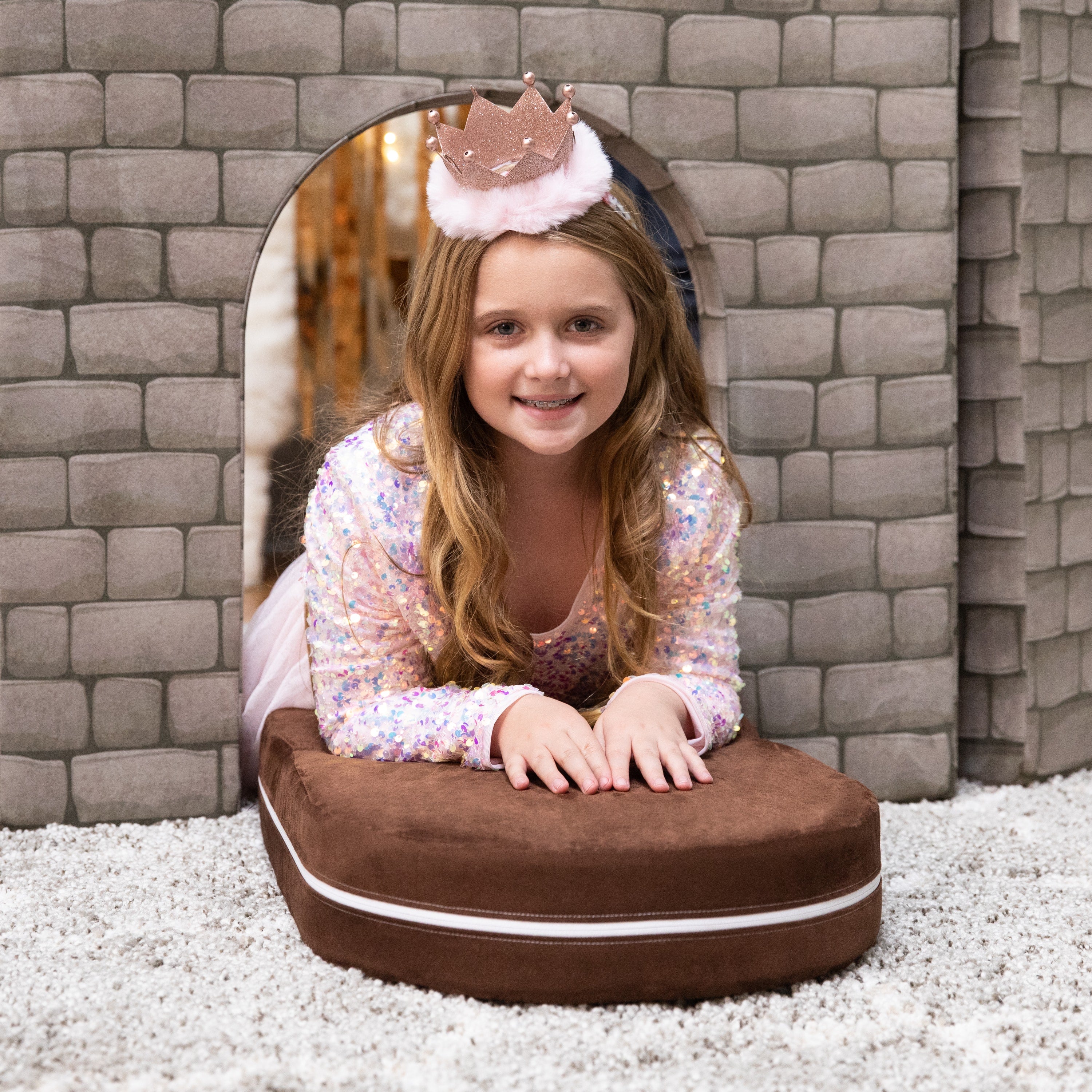 Jaxx Zipline Playscape Castle Gate - Modular Playtime Furniture for Imaginative Kids - Prints, Stone/Chocolate