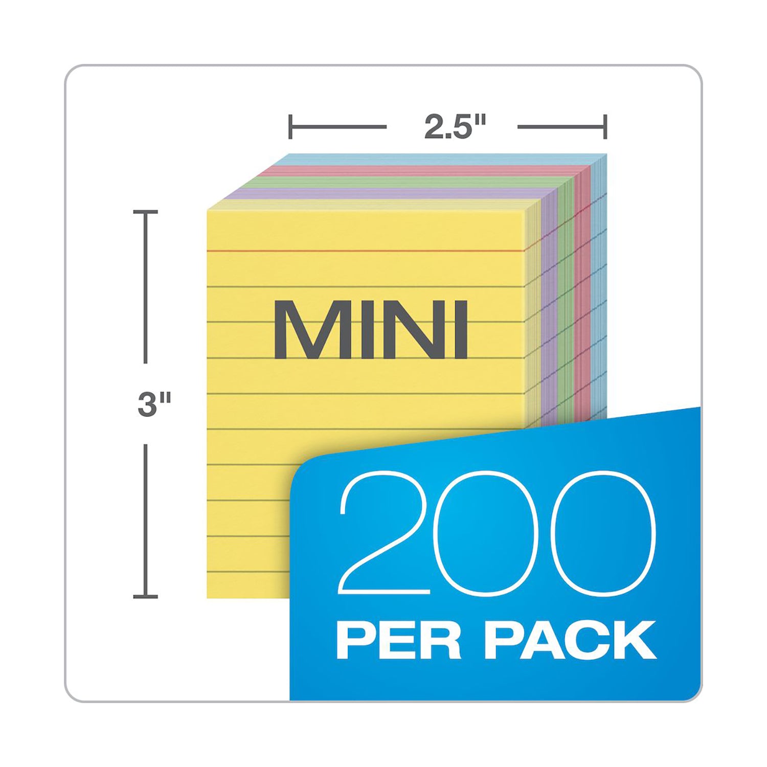 Mini Index Cards, 3" x 2.5", Ruled, Assorted Colors, 200 Per Pack