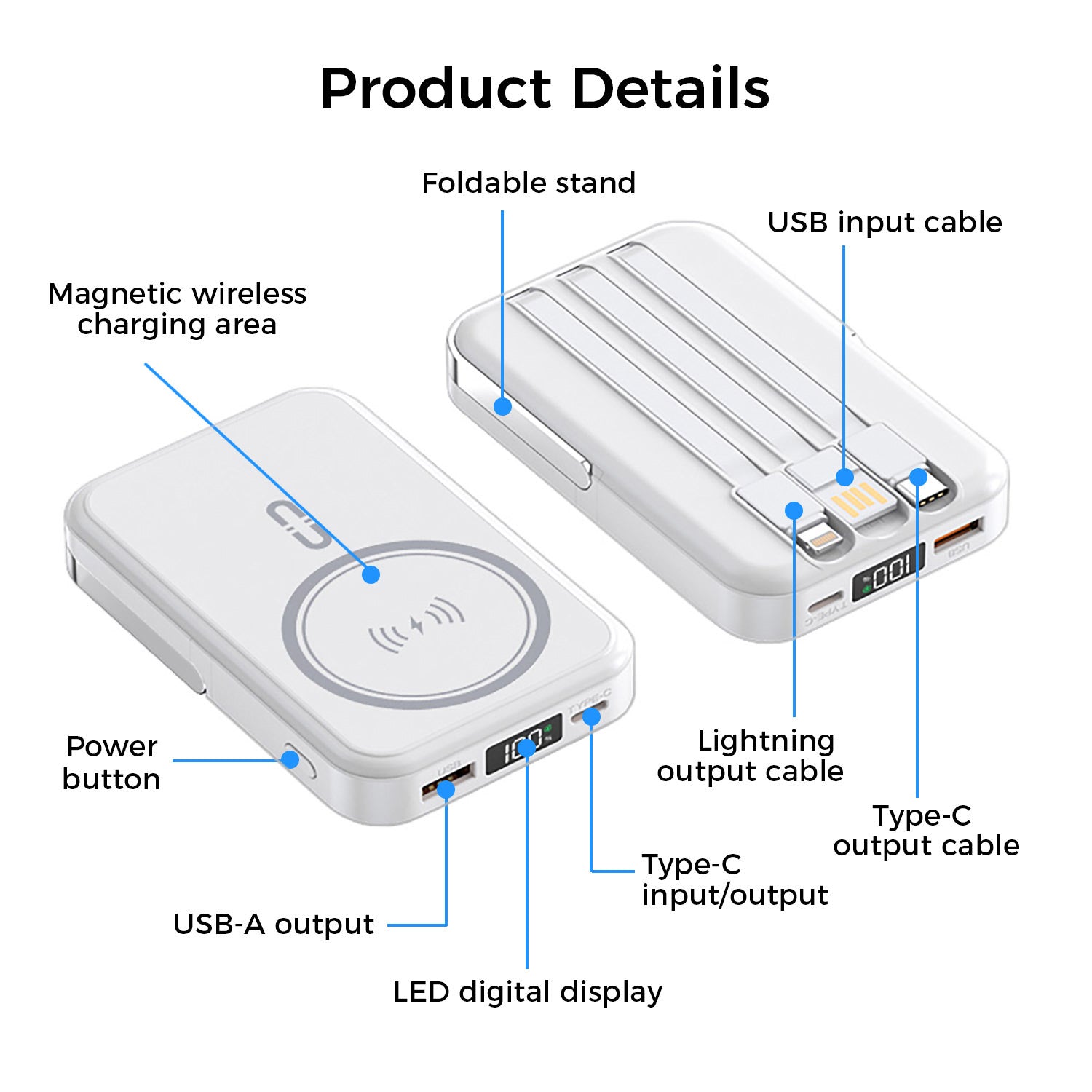 10,000mAh Magnetic Wireless Power Bank with Metal Stand + Built-in Cables, White