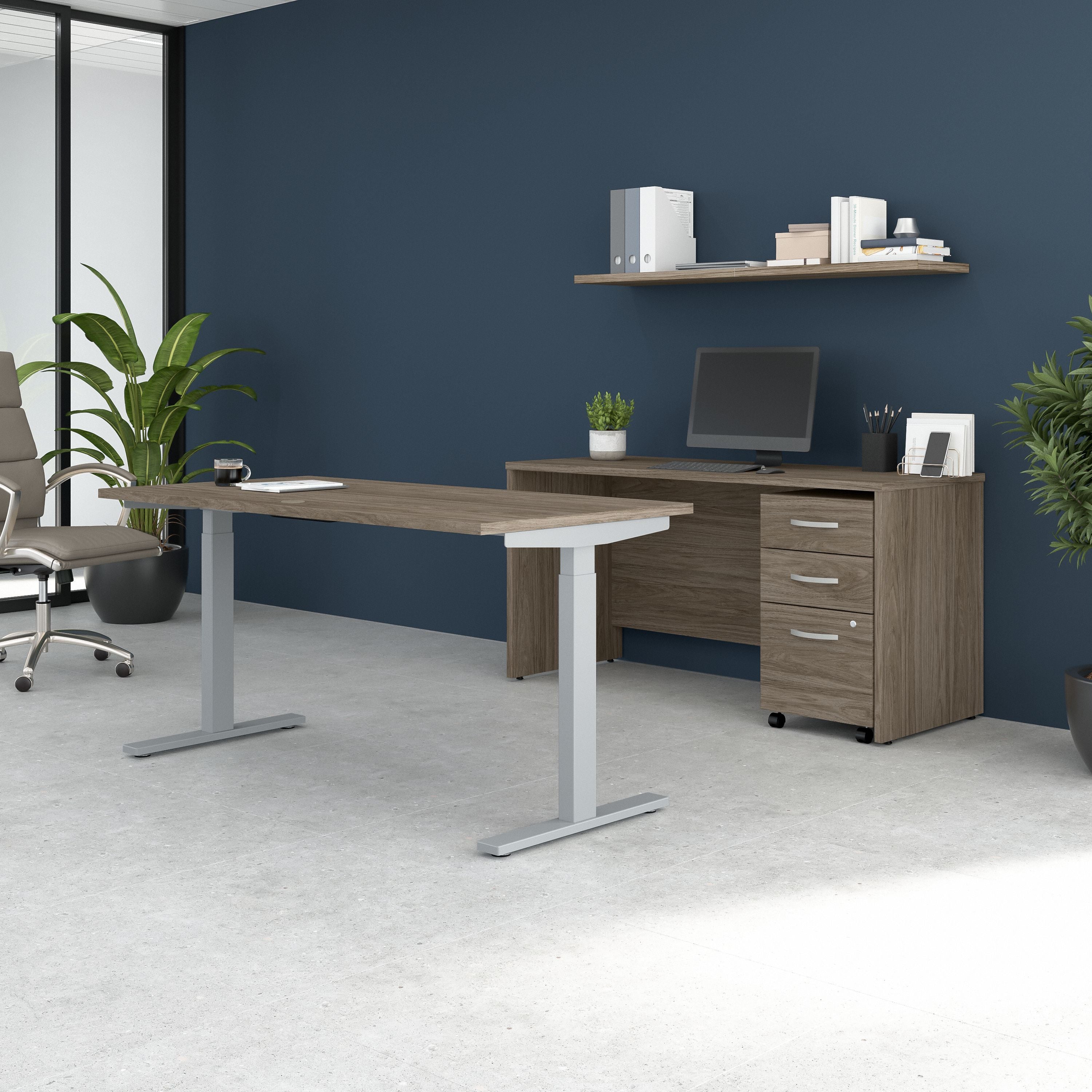 Bush Business Furniture Studio C 60W Height Adjustable Standing Desk with Credenza and File Cabinet in Modern Hickory - 59.45" Width x 82.8" Depth x 47.69" Height