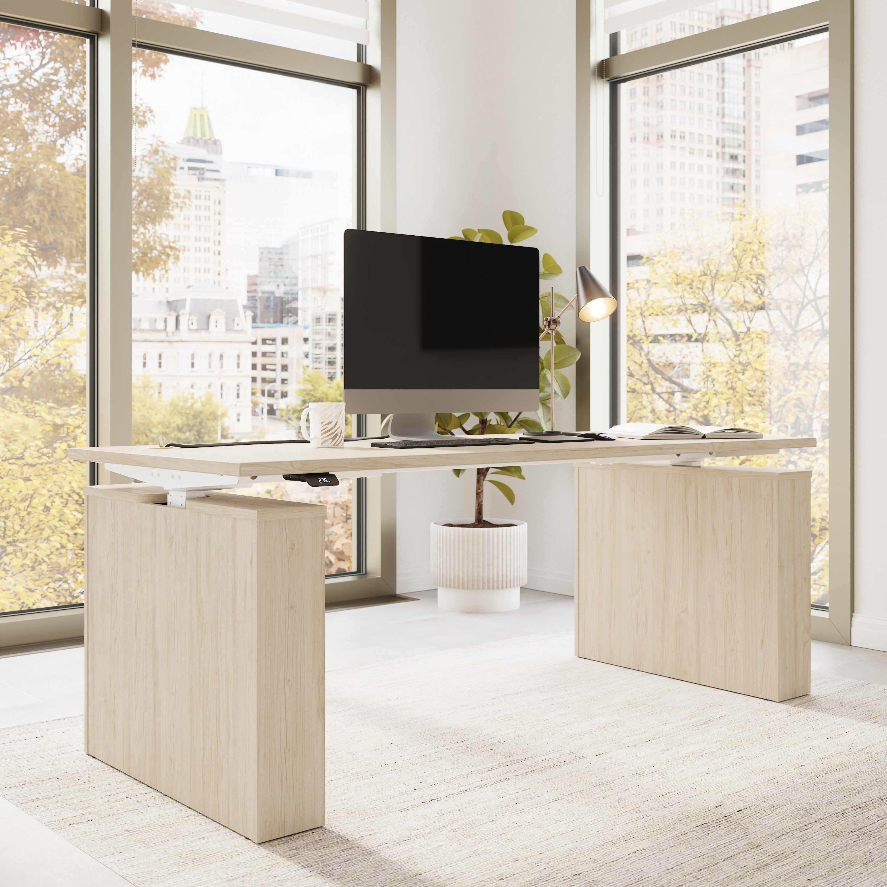 Bush Business Furniture Stratus&nbsp;72W x&nbsp;30D Electric Height Adjustable Standing Desk in Natural Elm with White Base - 71.02" Width x 29.37" Depth x 27.44" Height
