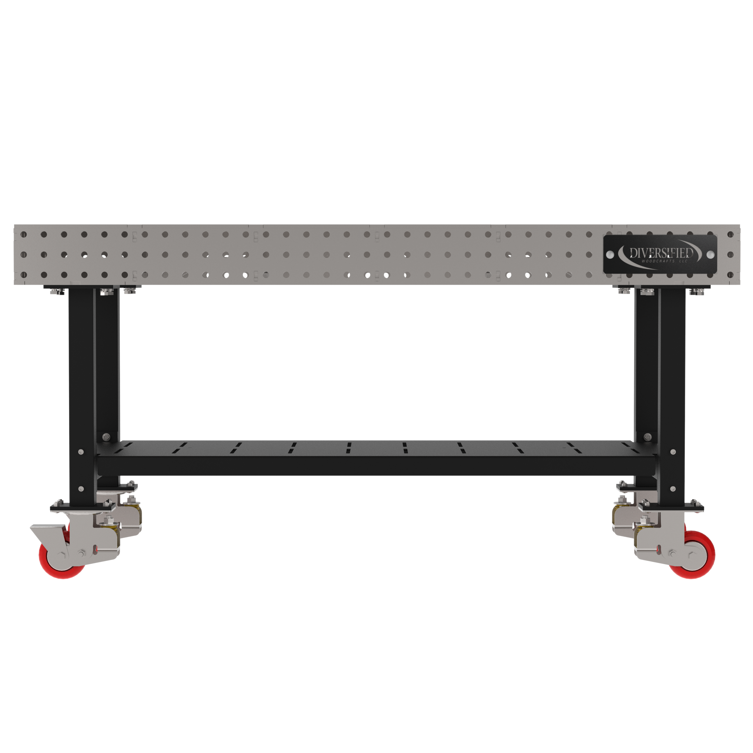 Welding Fixture Table, Fixed Height, 36"H x 72"L x 36"D, 1/4" Carbon Steel Top, Four Black Powdercoat Legs, Shelf, 4 Heavy Duty Suspension Casters (2 Locking/Swiveling Casters and 2 Non-Locking/Non-SwivelingCasters)